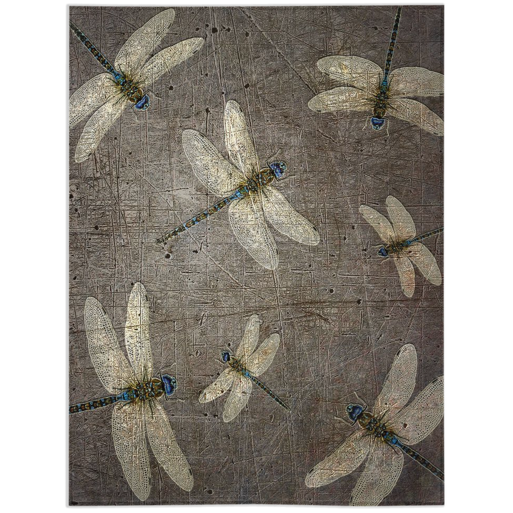 Dragonfly themed blankets, flight of dragonflies on distressed stone gray background printed on minky blanket