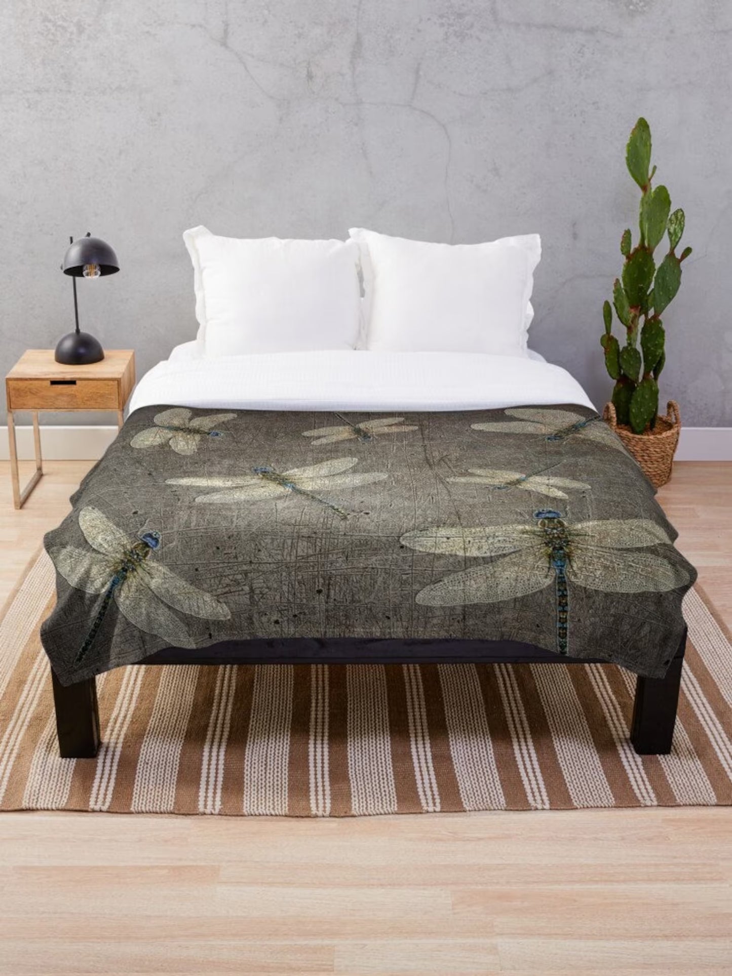 Dragonfly themed blankets, flight of dragonflies on distressed stone gray background printed on minky blanket