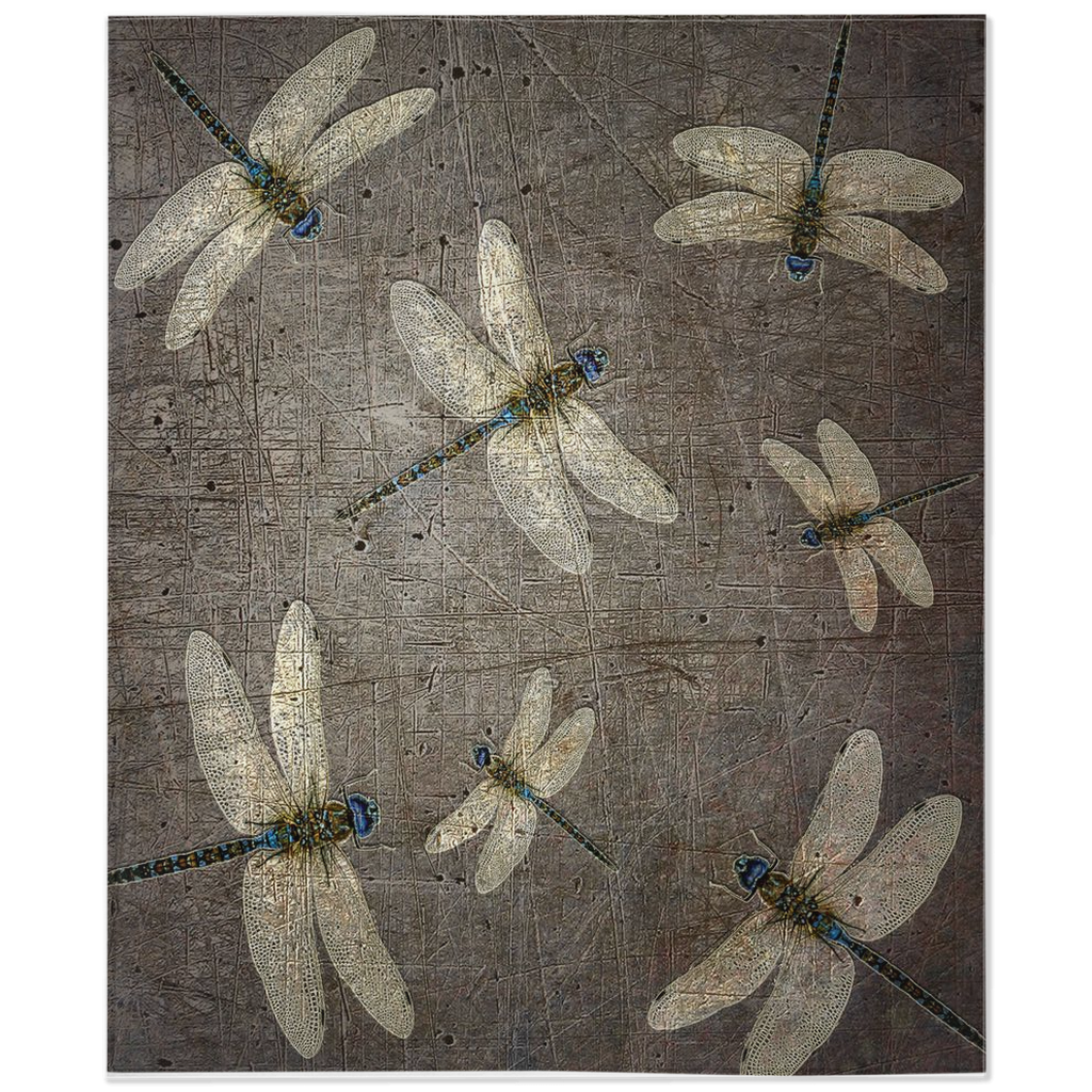Dragonfly themed blankets, flight of dragonflies on distressed stone gray background printed on minky blanket 50x60