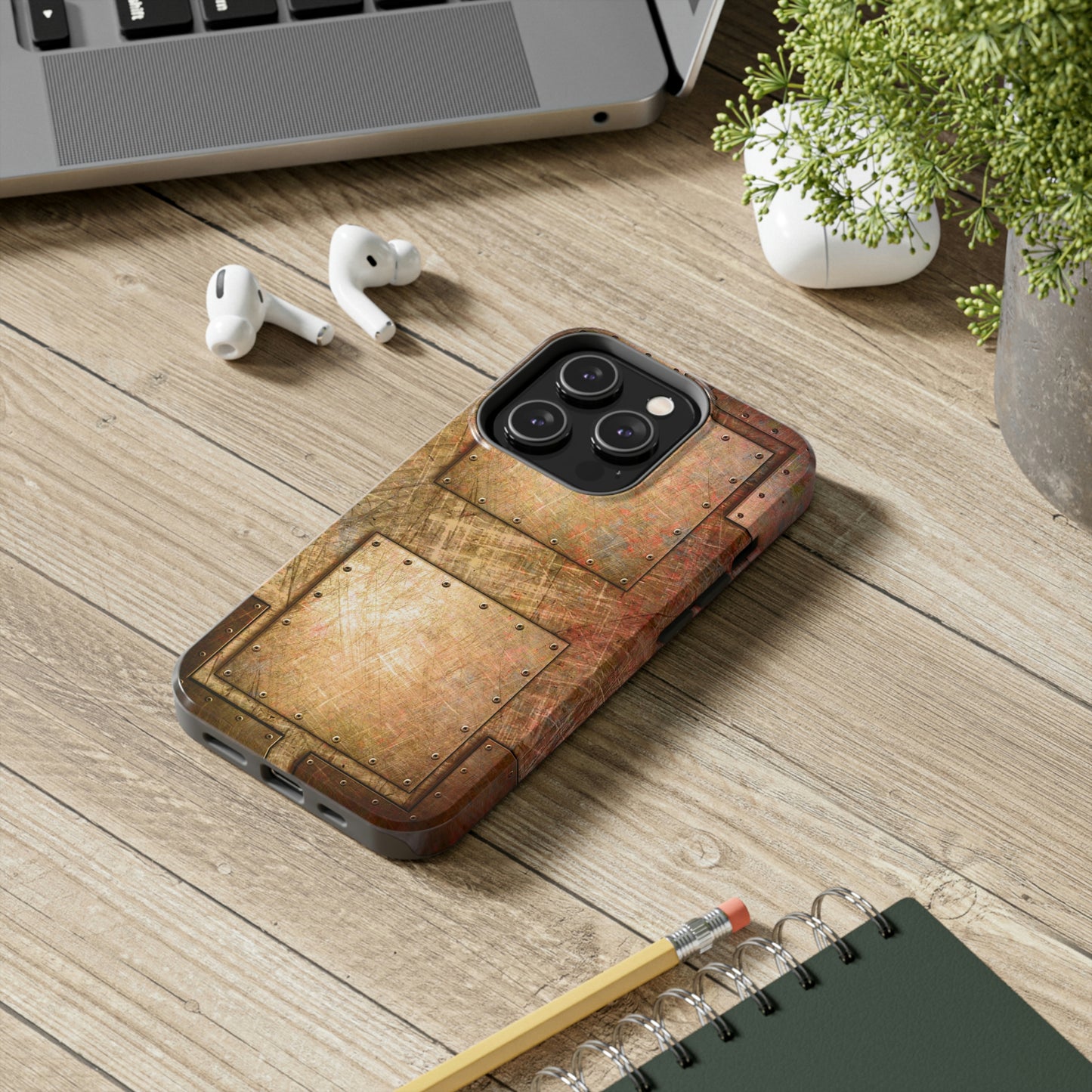 Industrial Look Tough Case for iPhone 14 - Distressed Riveted Copper Plates Print Phone Case