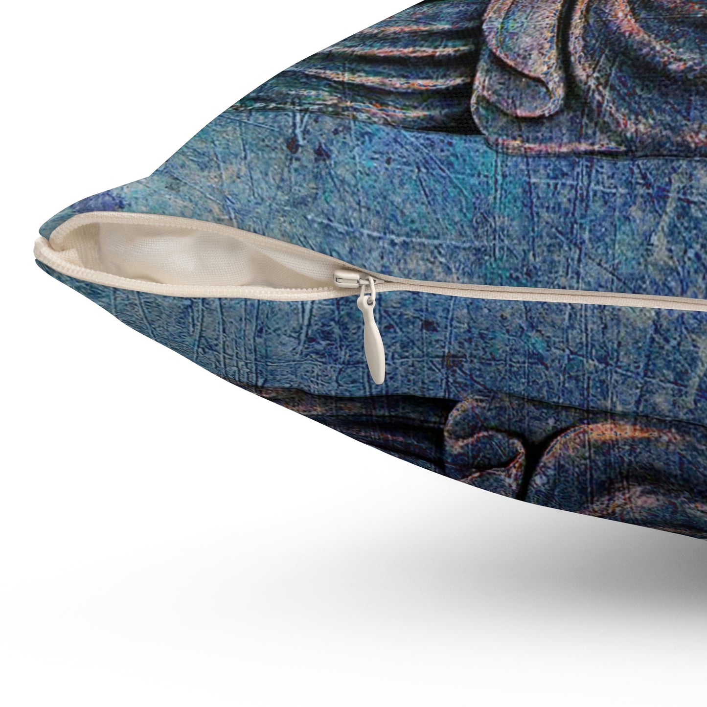 Sitting Buddha On Distressed Stone With Blue Hues Square Pillow close up zipper