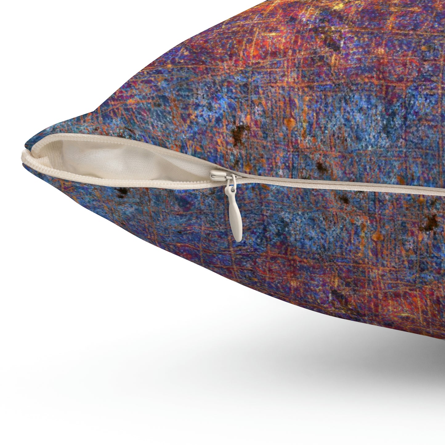 Texture of Purple and Orange Mix Printed on Spun Polyester Square Pillow close up zipper