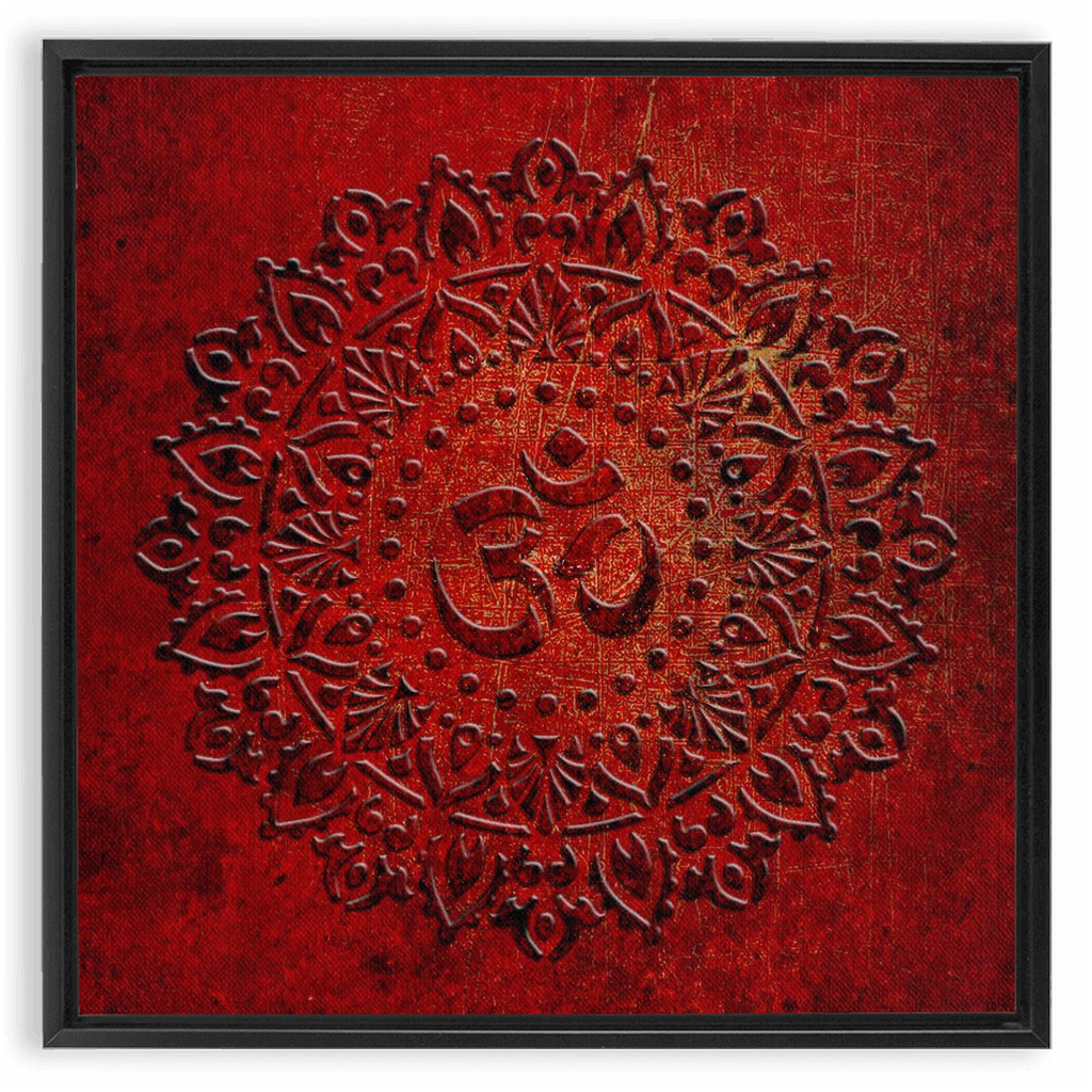 Om Symbol Mandala Style on Lava Red Background Printed on Canvas in a Floating Frame