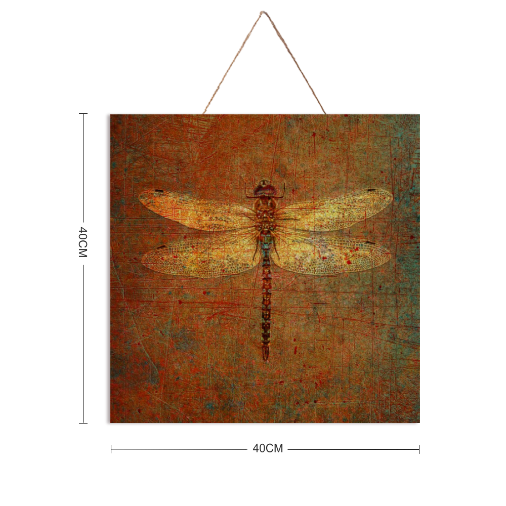 Dragonfly Wall Decor - Golden Dragonfly on Distressed Brown Background Print on Wooden Plaque 16"x16"