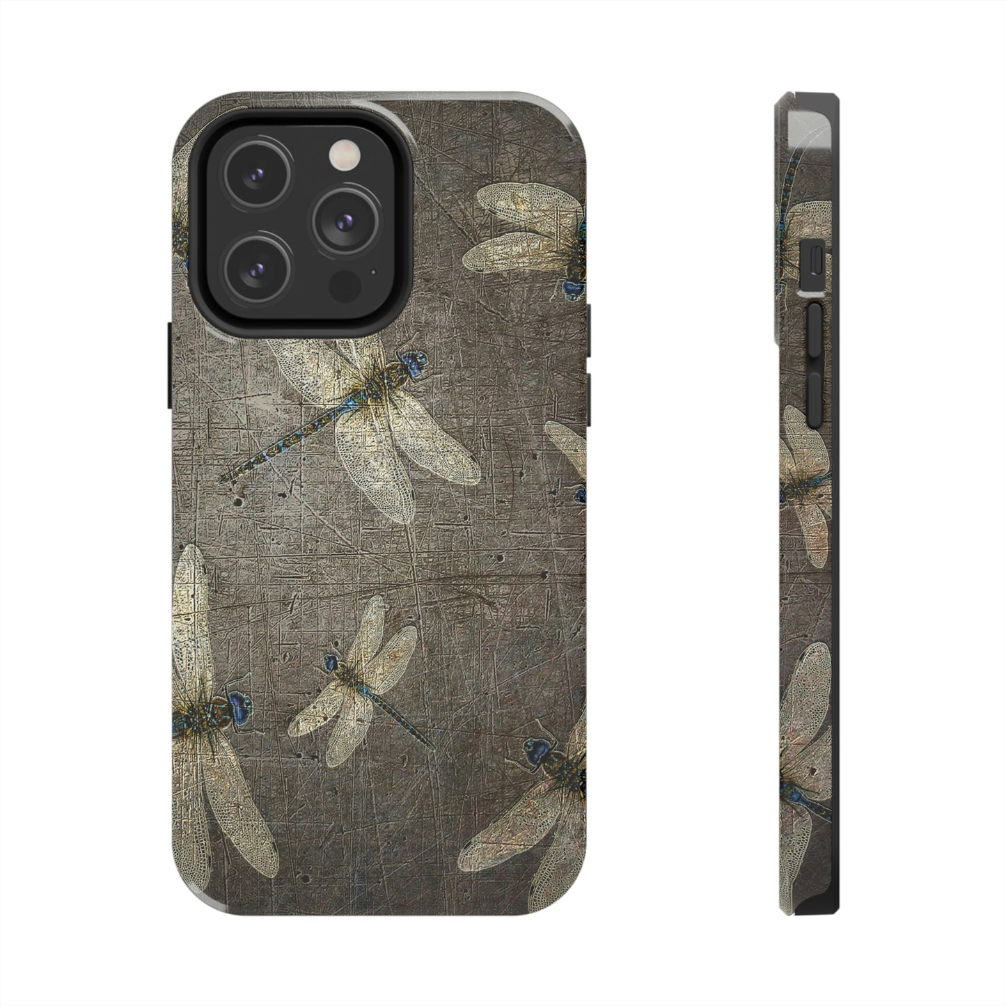 Dragonflies Print Tough Case for iPhone 14- Flight of Dragonflies on Distressed Gray Stone Print.