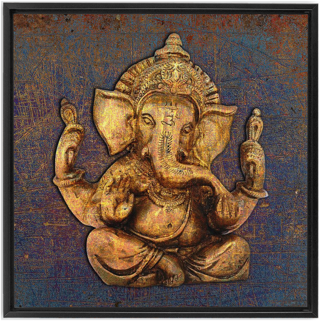 Ganesha on a distressed purple and orange background Floating Frame Canvas 6 sizes available