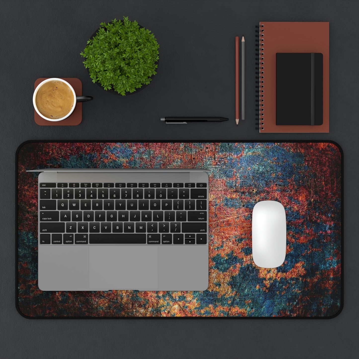 Modern Art Themed Desk Accessories - Rust on Metal Print on Neoprene Desk Mat 12 by 22 in situ