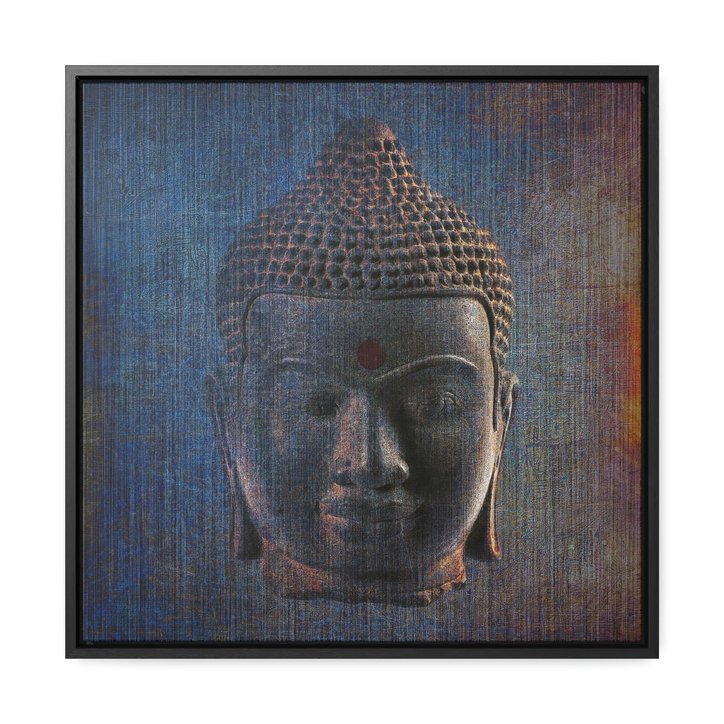 Modern Art - Distressed Blue Buddha Head Print on Square Canvas in a Floating Frame