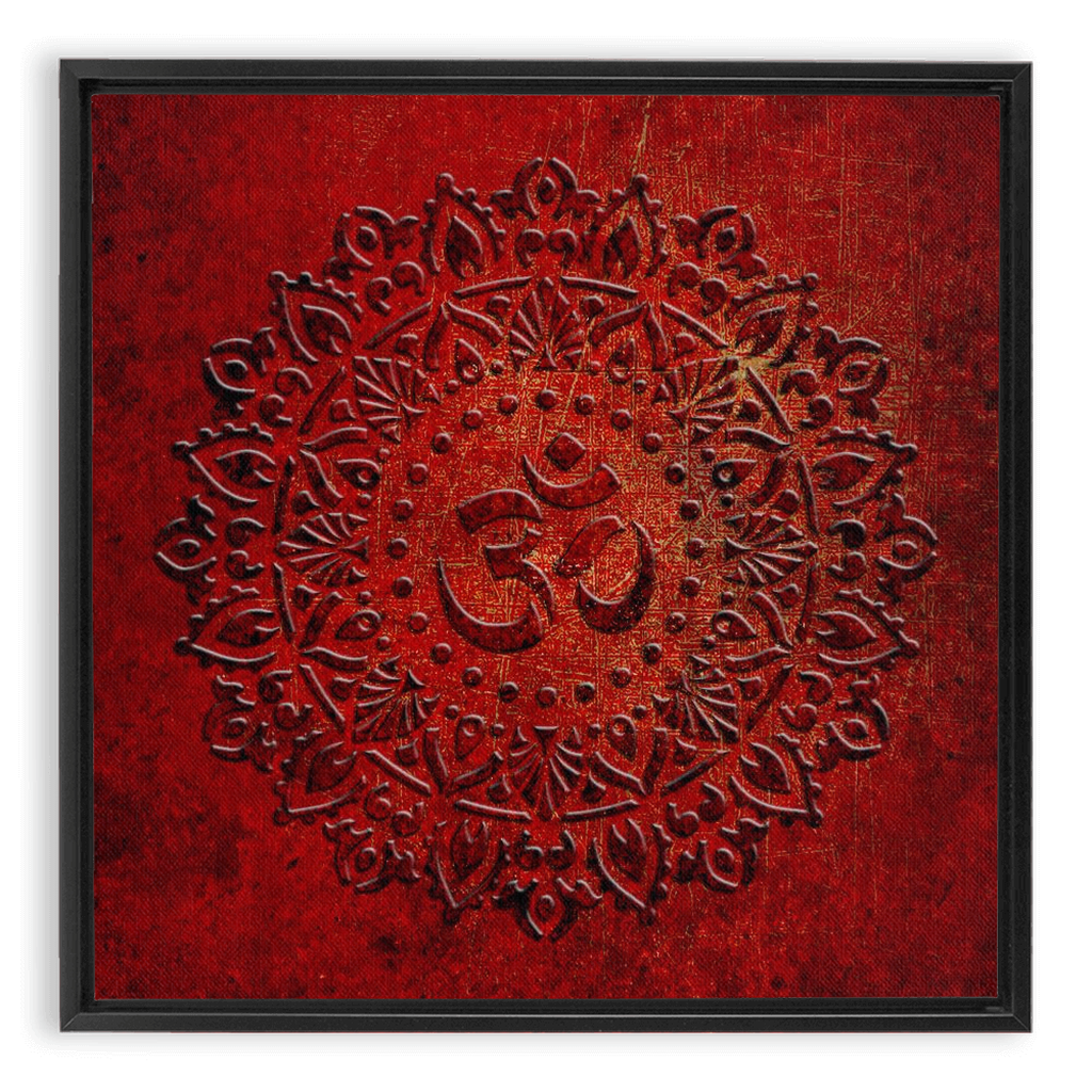 Om Symbol Mandala Style on Lava Red Background Printed on Canvas in a Floating Frame