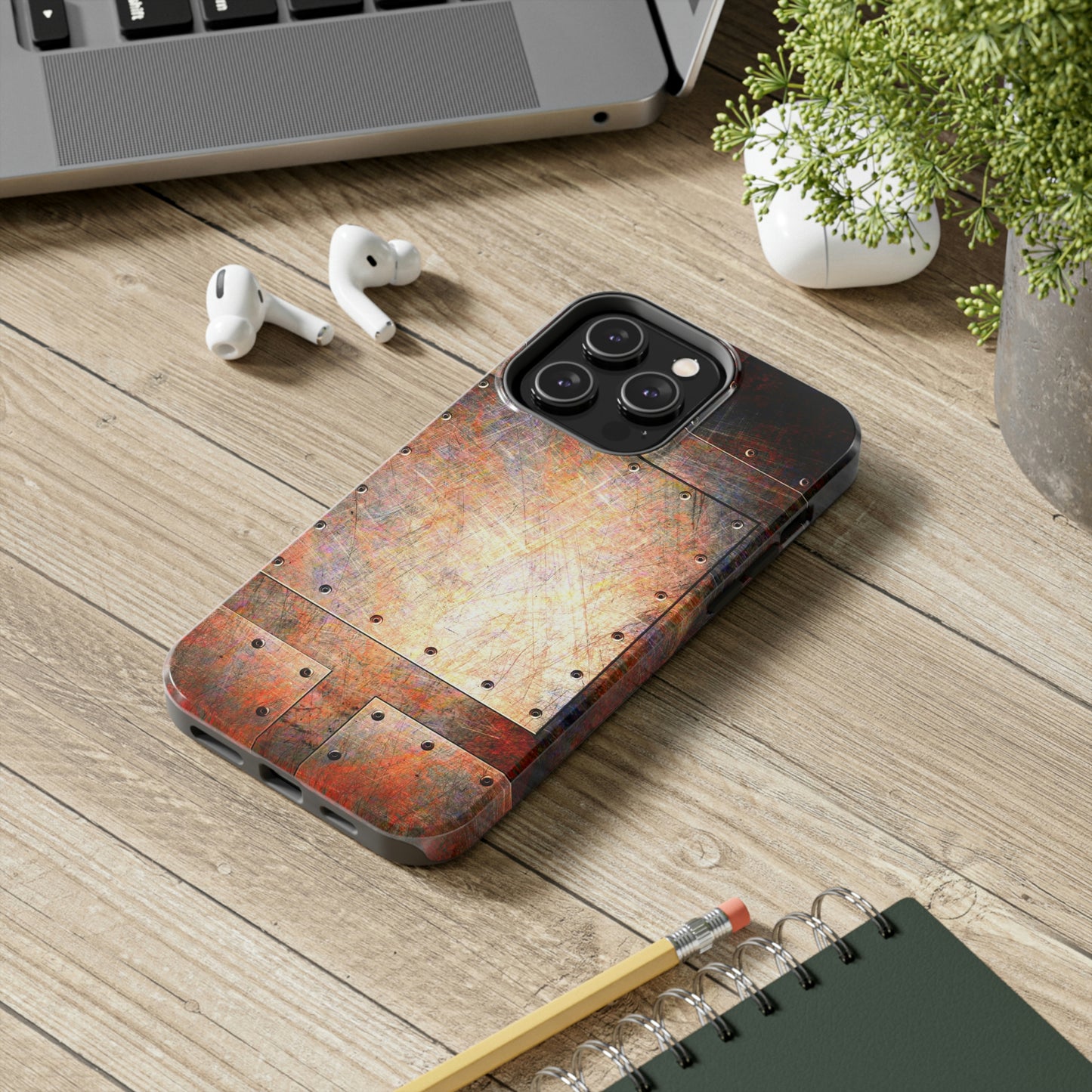 Steampunk Themed Tough Case for iPhone 14 - Rusted Riveted Metal Plates Print Phone Case for iPhone 14