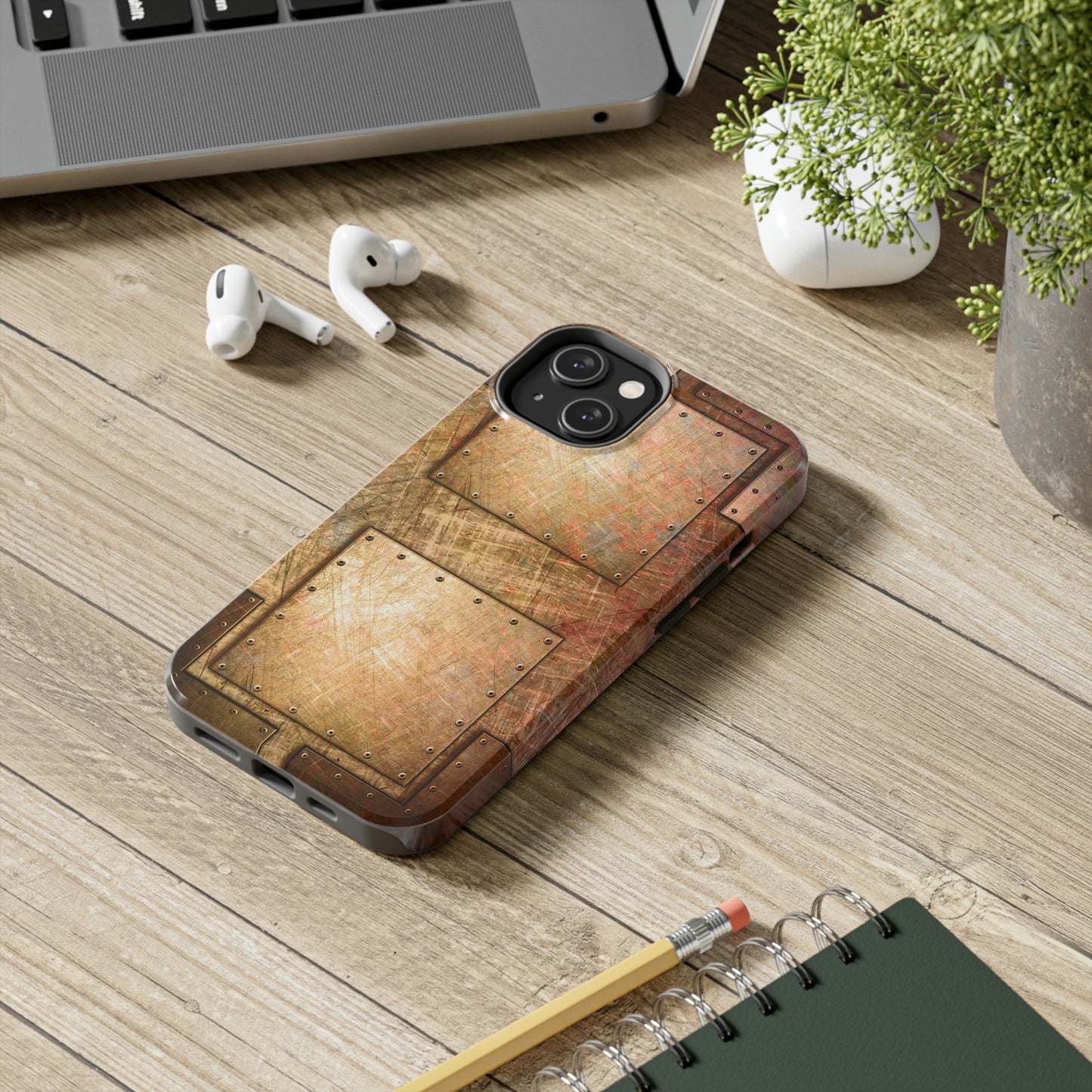 Industrial Look Tough Case for iPhone 14 - Distressed Riveted Copper Plates Print Phone Case