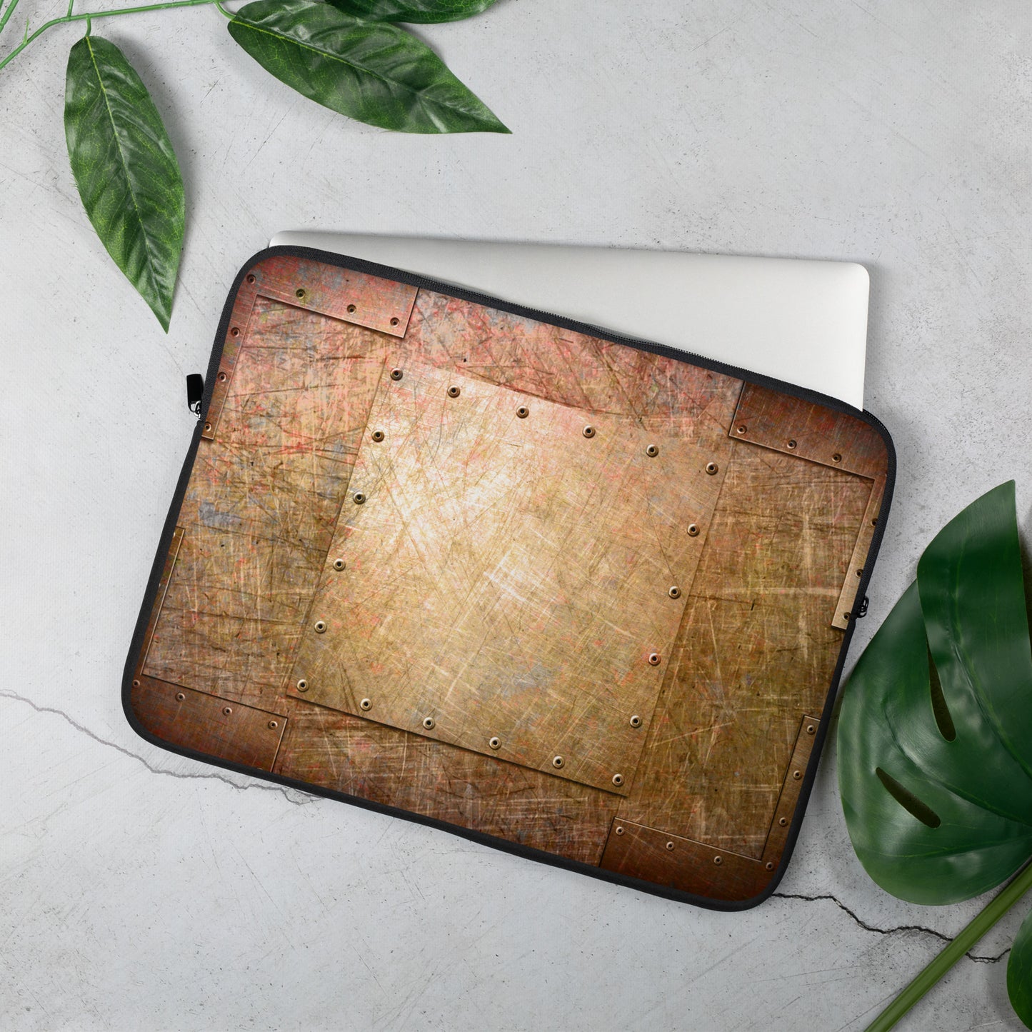 Steampunk Themed Laptop Sleeve - Distressed Riveted Copper Sheets Print on Computer Bag 15 inches
