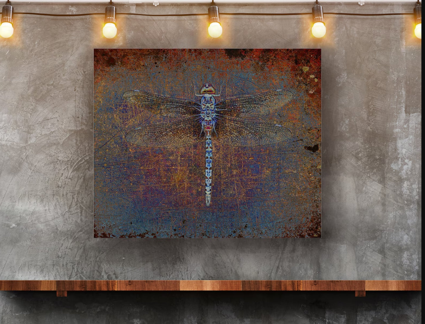 Recycled metal wall art dragonfly on distressed orange and purple background print on upcycled aluminum hung on wall