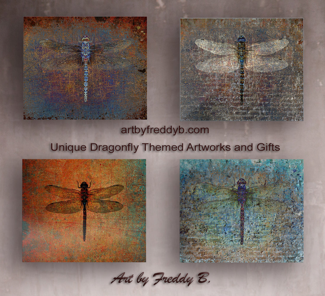 4 different Dragonfly print on recycled aluminum available at ArtbyFreddyB