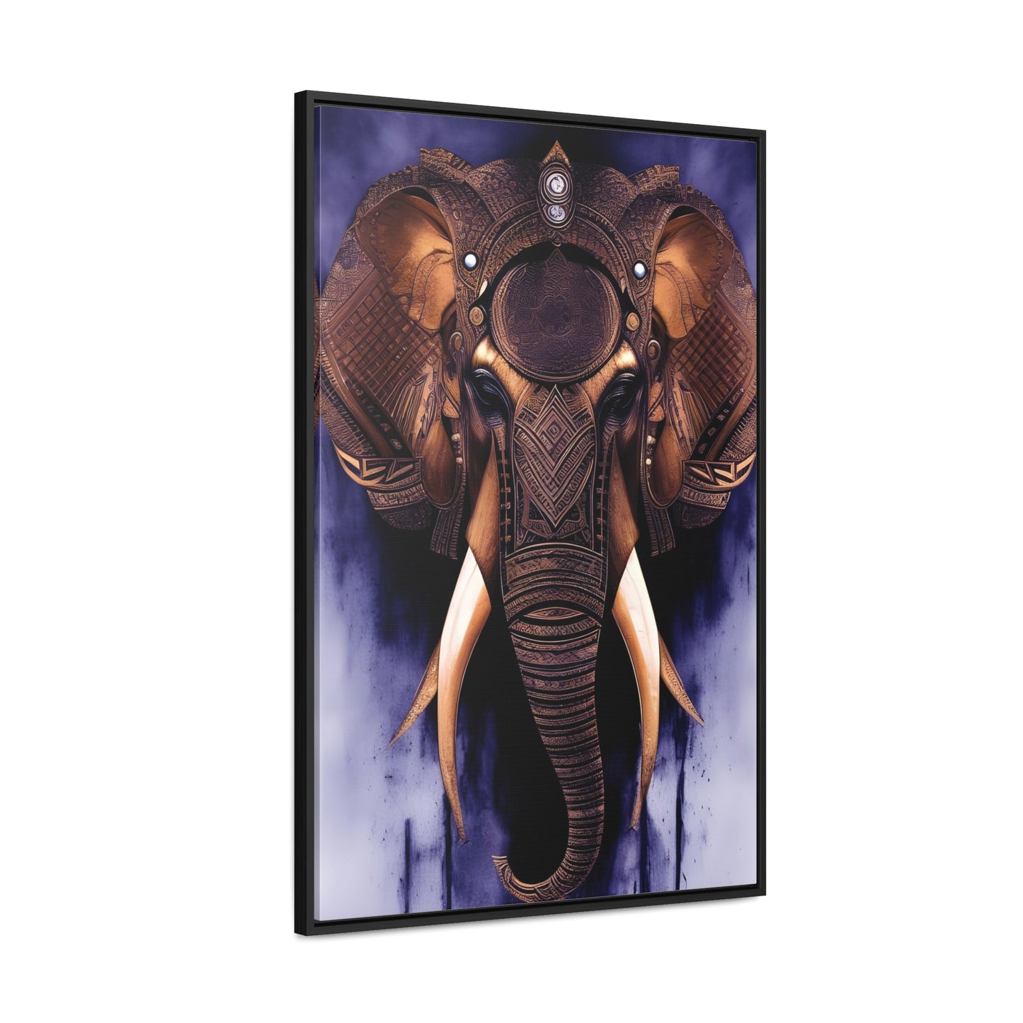 Elephant Themed Modern Wall Art - Tribal Elephant Head on Purple Background Print on Canvas in a Floating Frame