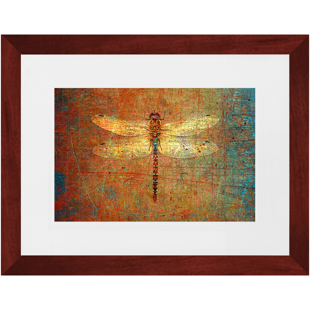 Golden Dragonfly on Distressed Brown Background Framed in a Rectangle Cherry Color Wood Frame 12x8