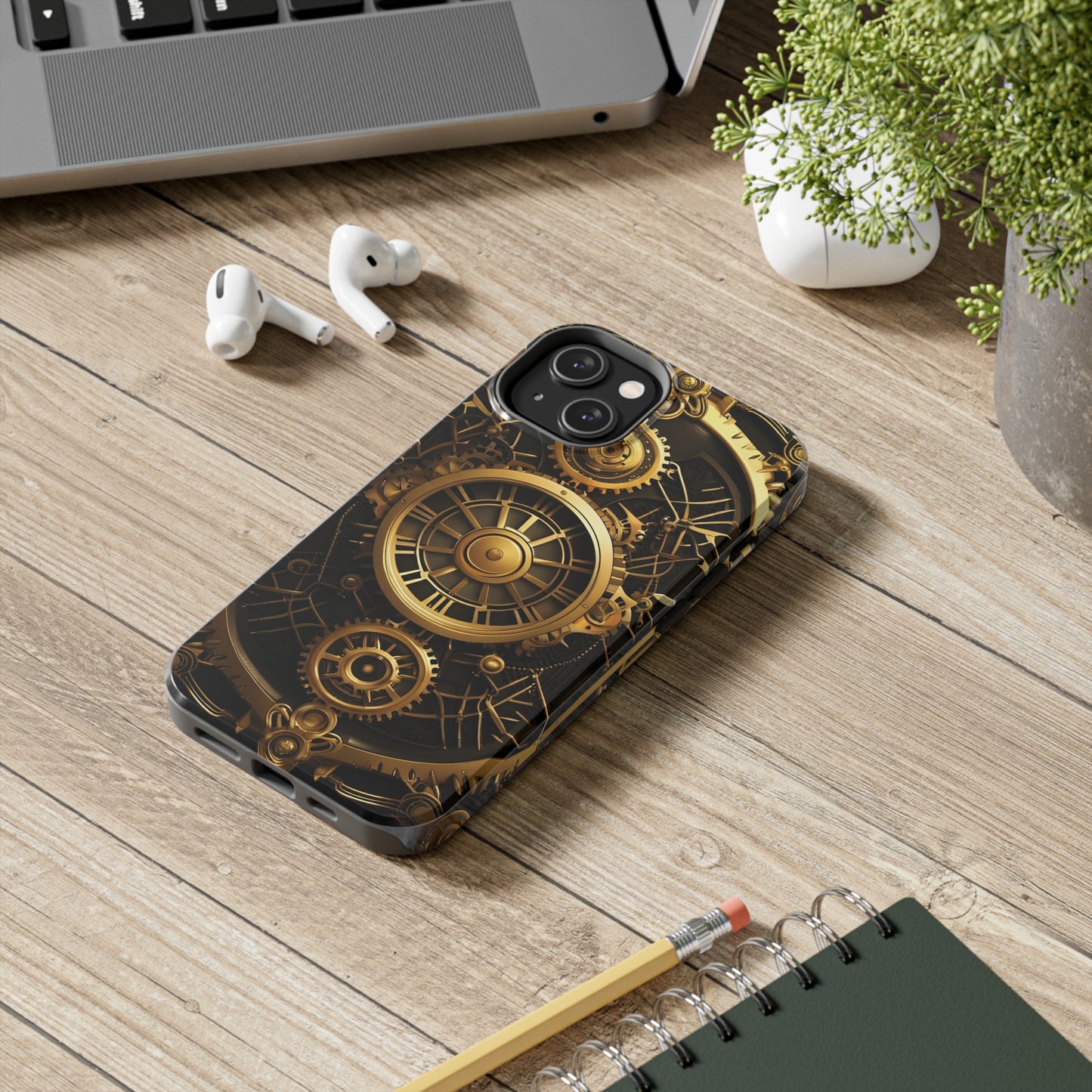 Art Deco Themed Steampunk Panel Tough Phone Case for iPhone  - Gold and Copper Gears Panel Style Printed on Phone Case for iPhone 14 on desk