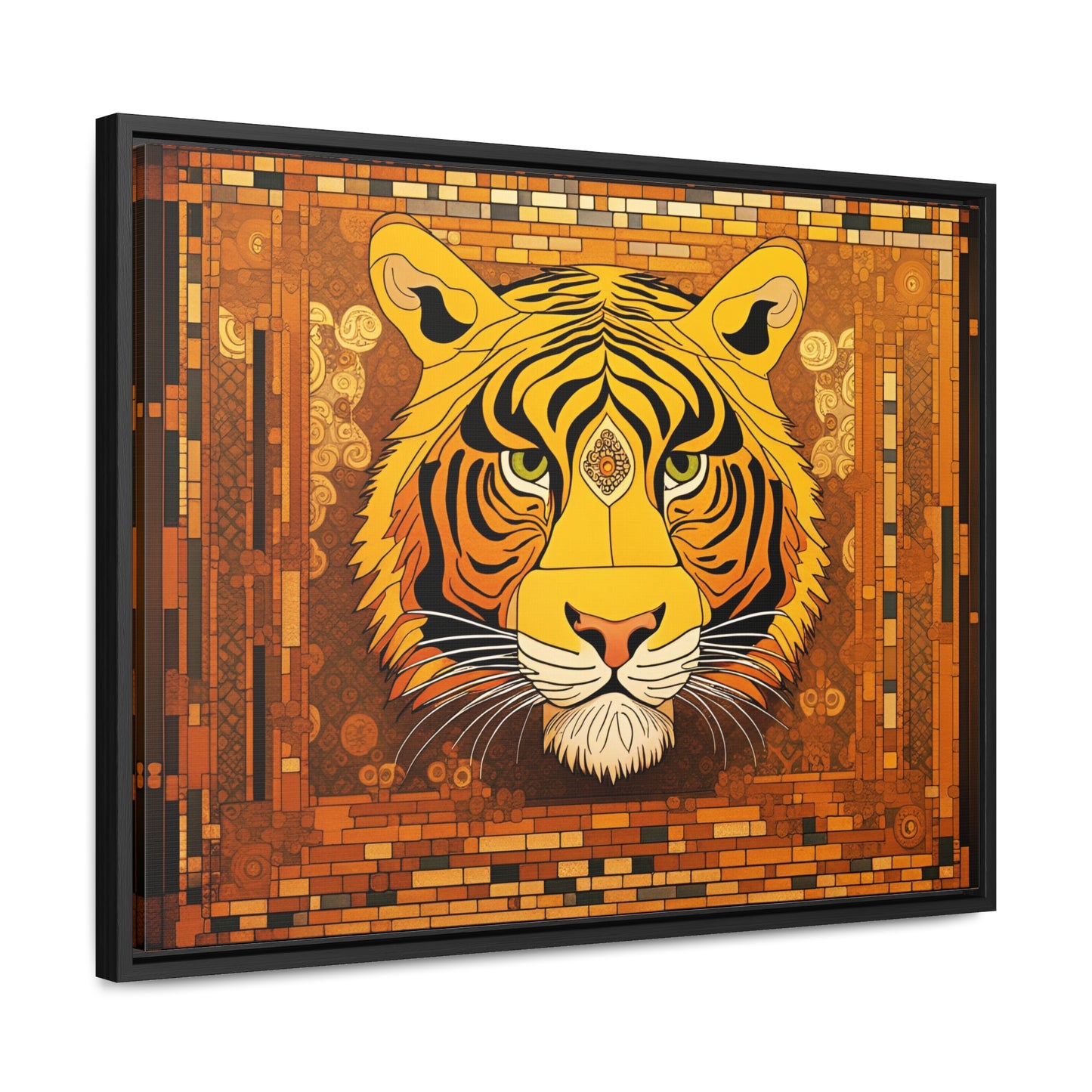 Tiger Themed Modern Wall Art - Tiger Head in the Style of Gustav Klimt Print on Canvas in a Floating Frame