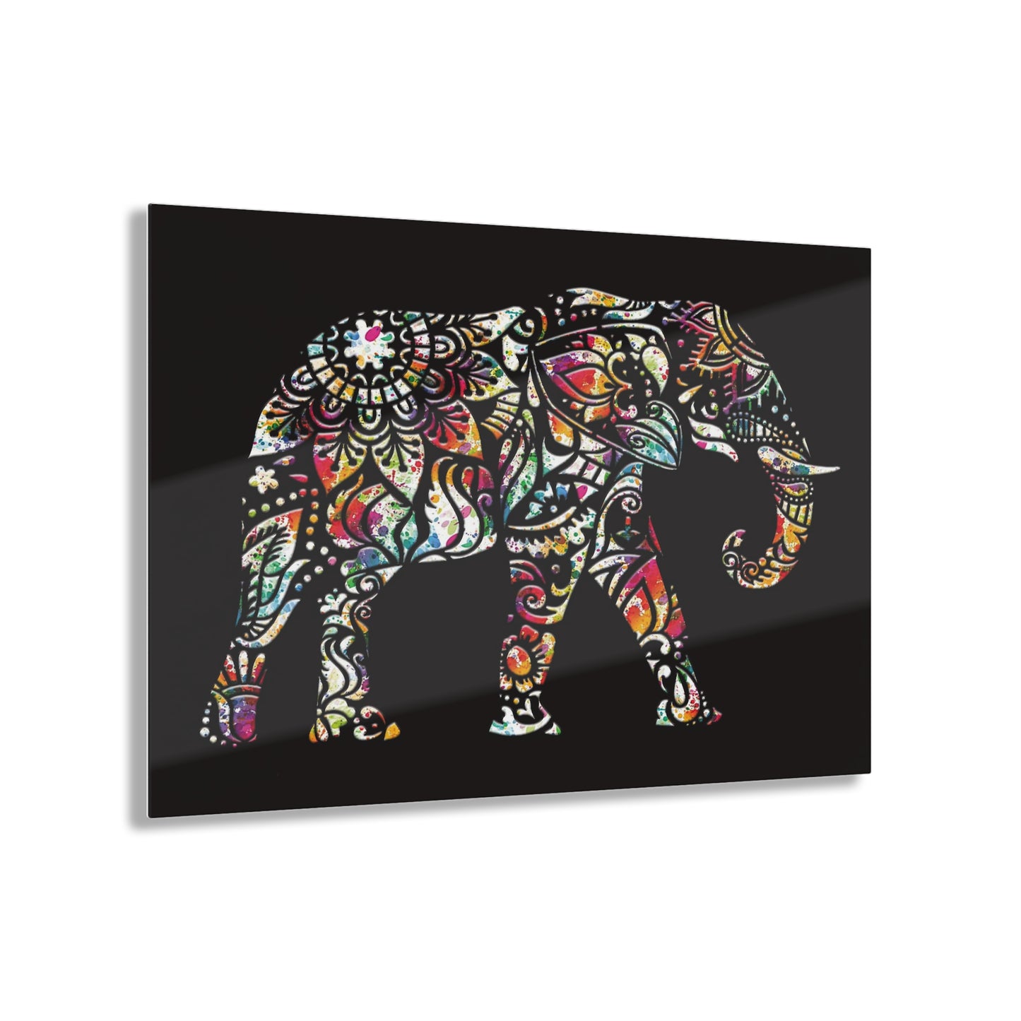 Elephant Themed Wall Art - Multicolor Indian Elephant on Black Background Printed on a Crystal Clear Acrylic Panel