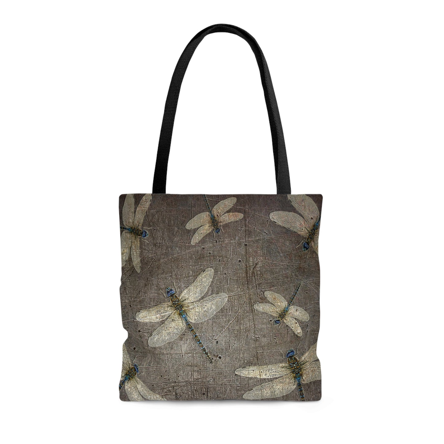 Flight of Dragonflies on Distressed Gray Stone Printed on Tote Bag medium front