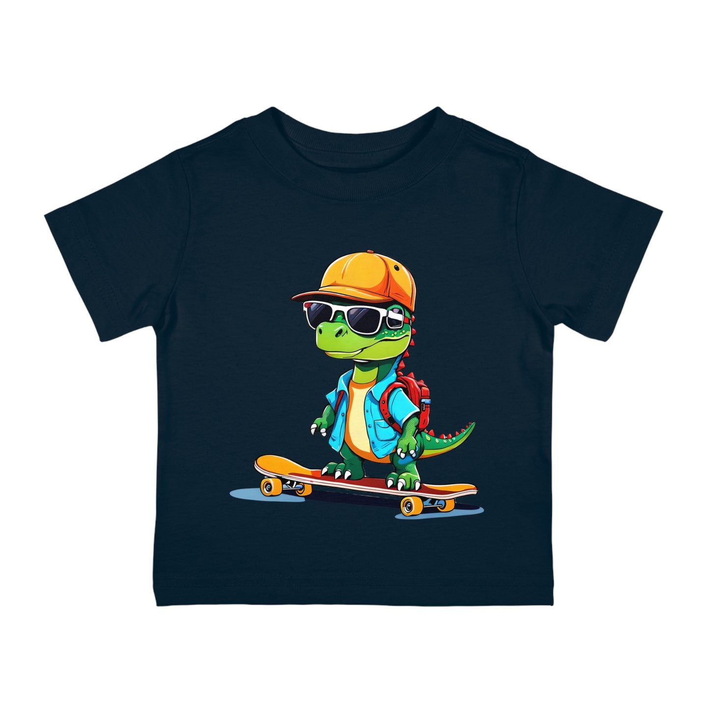 Dino Boy on Skate Board, Too Cool For School Infant Cotton Jersey Tee Navy Blue