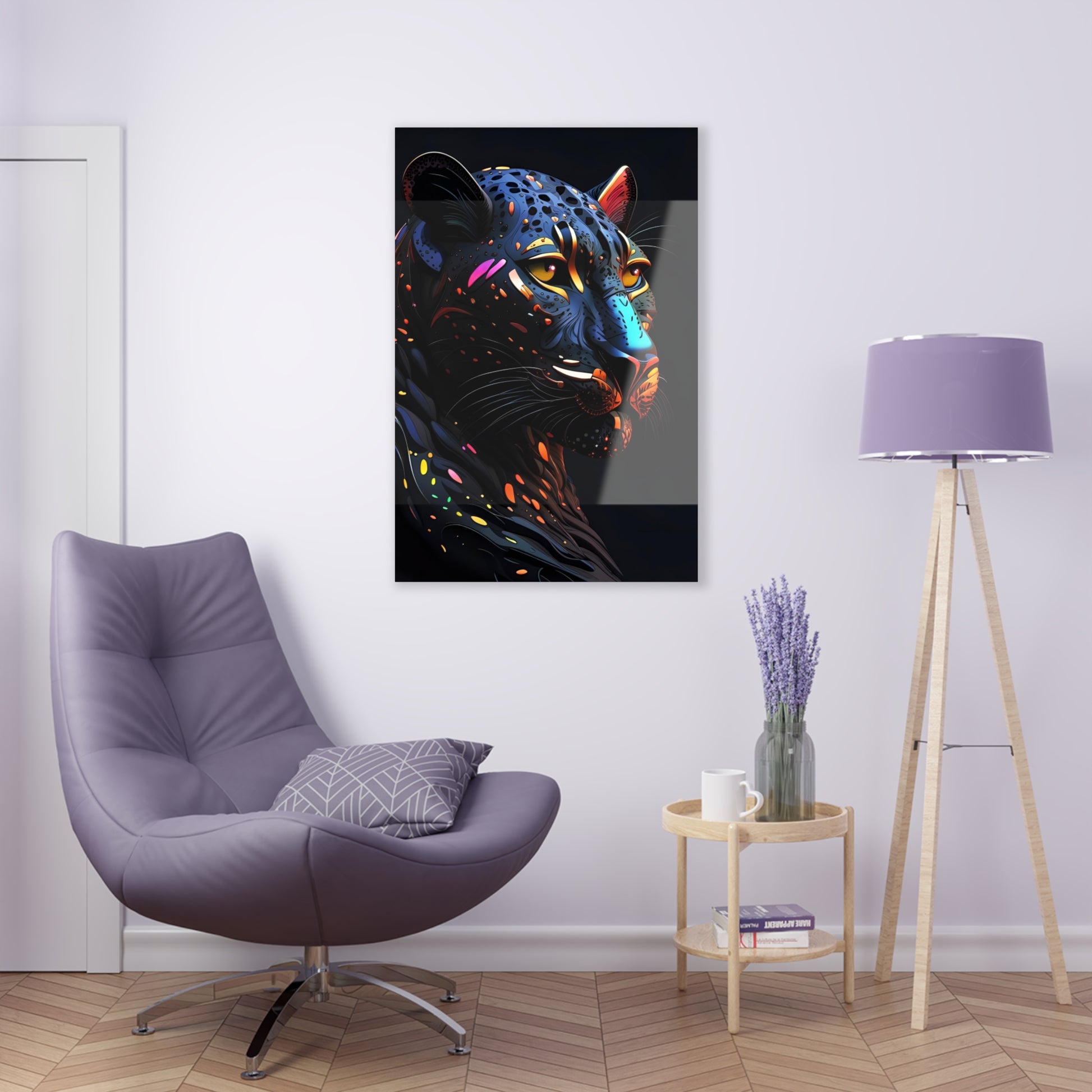 Stylized Colorful Black Panther Head printed on a crystal clear acrylic panel 24x36 hung on white wall