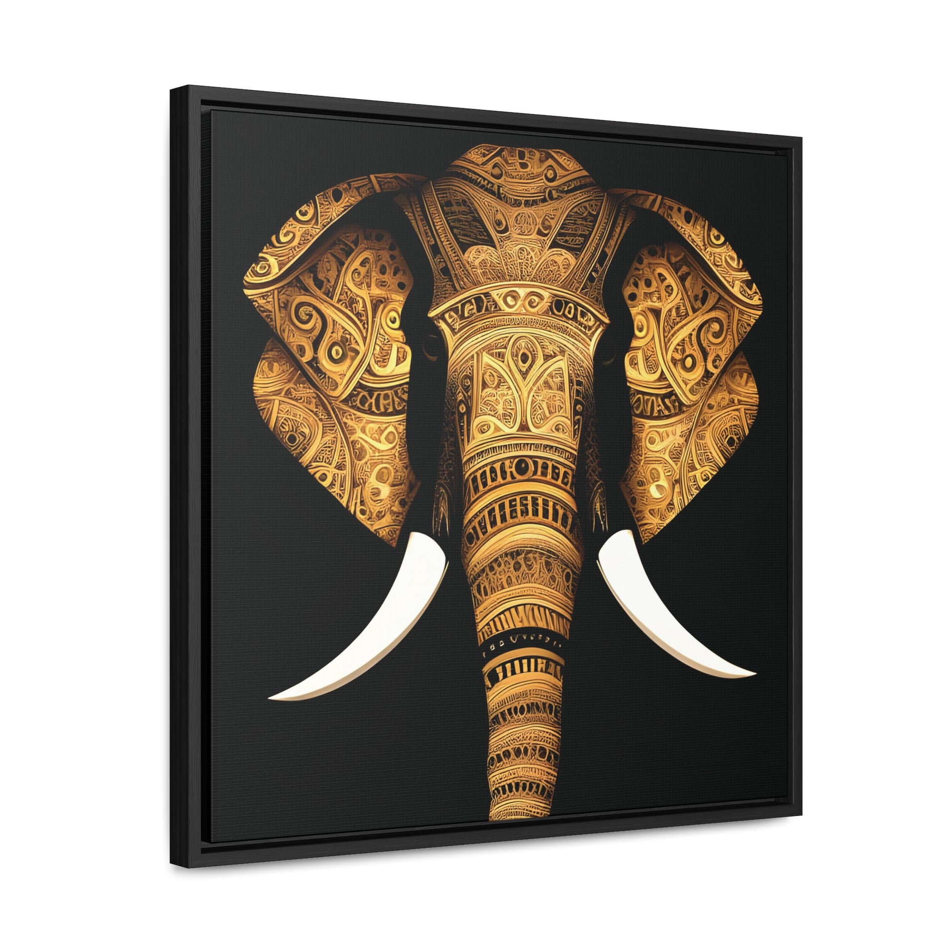 Gold Tribal Elephant Head on Black Background Print on Canvas in a Floating Frame side view