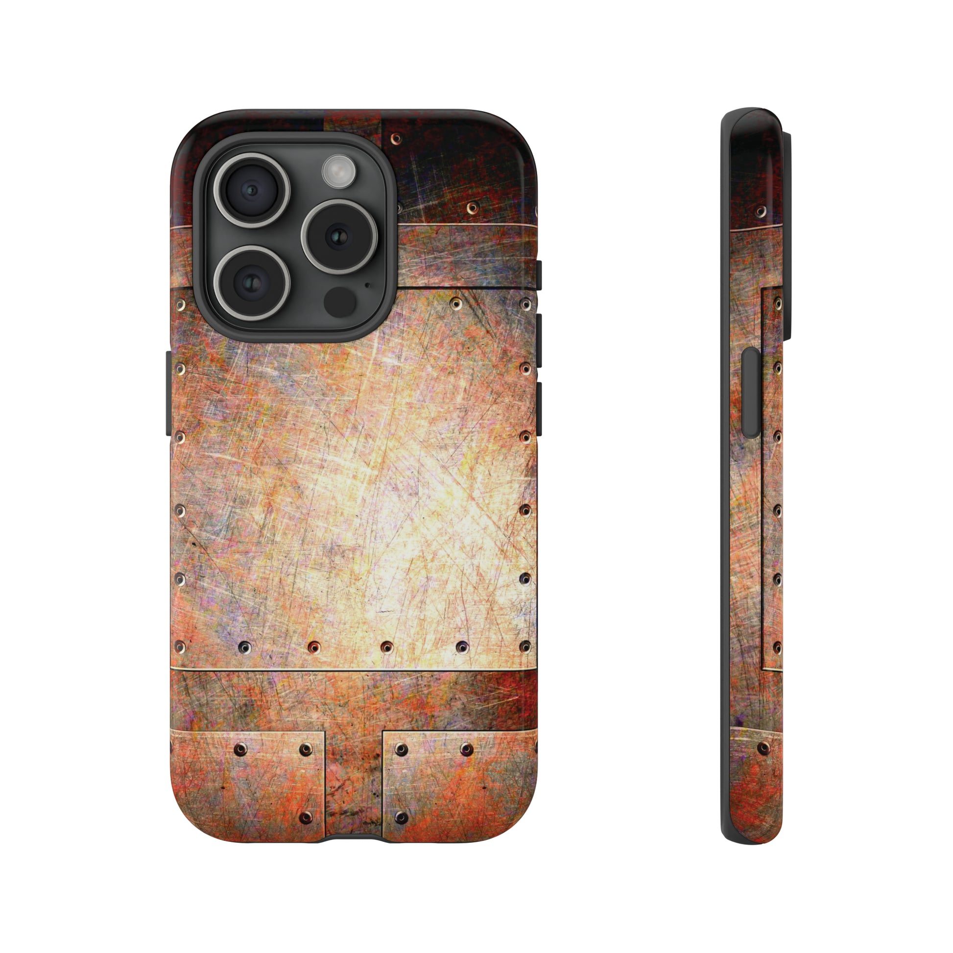 Steampunk Themed Distressed Riveted Metal Plates Print on Phone Case for iPhone 15 Pro front and side