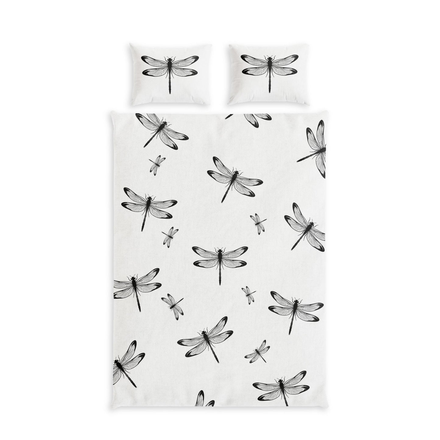 A bedding set featuring a duvet cover and two matching pillowcases, all printed with a black dragonfly pattern on a white background. Twin XL size