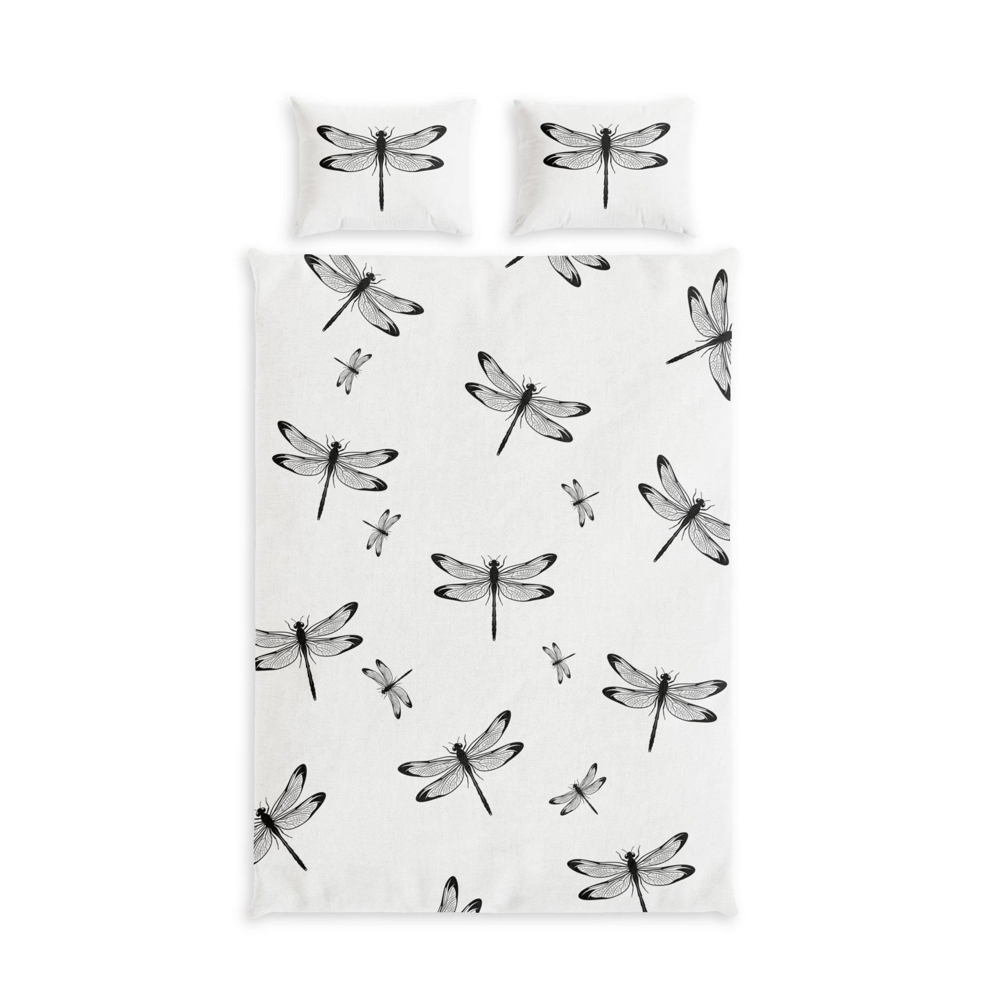 A bedding set featuring a duvet cover and two matching pillowcases, all printed with a black dragonfly pattern on a white background. Twin XL size