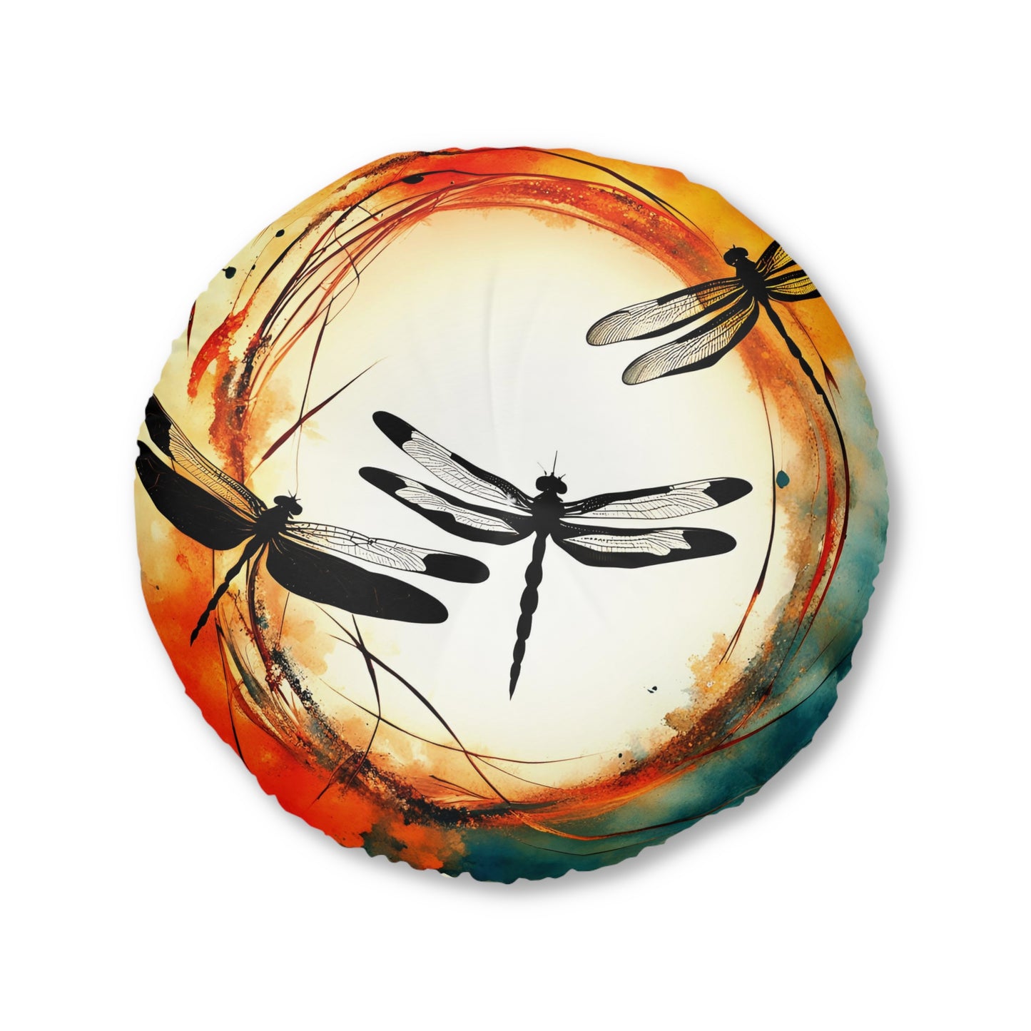Dragonflies Silhouettes in a colorful Enso circle print on 2 Sided Round Tufted Floor Pillow front