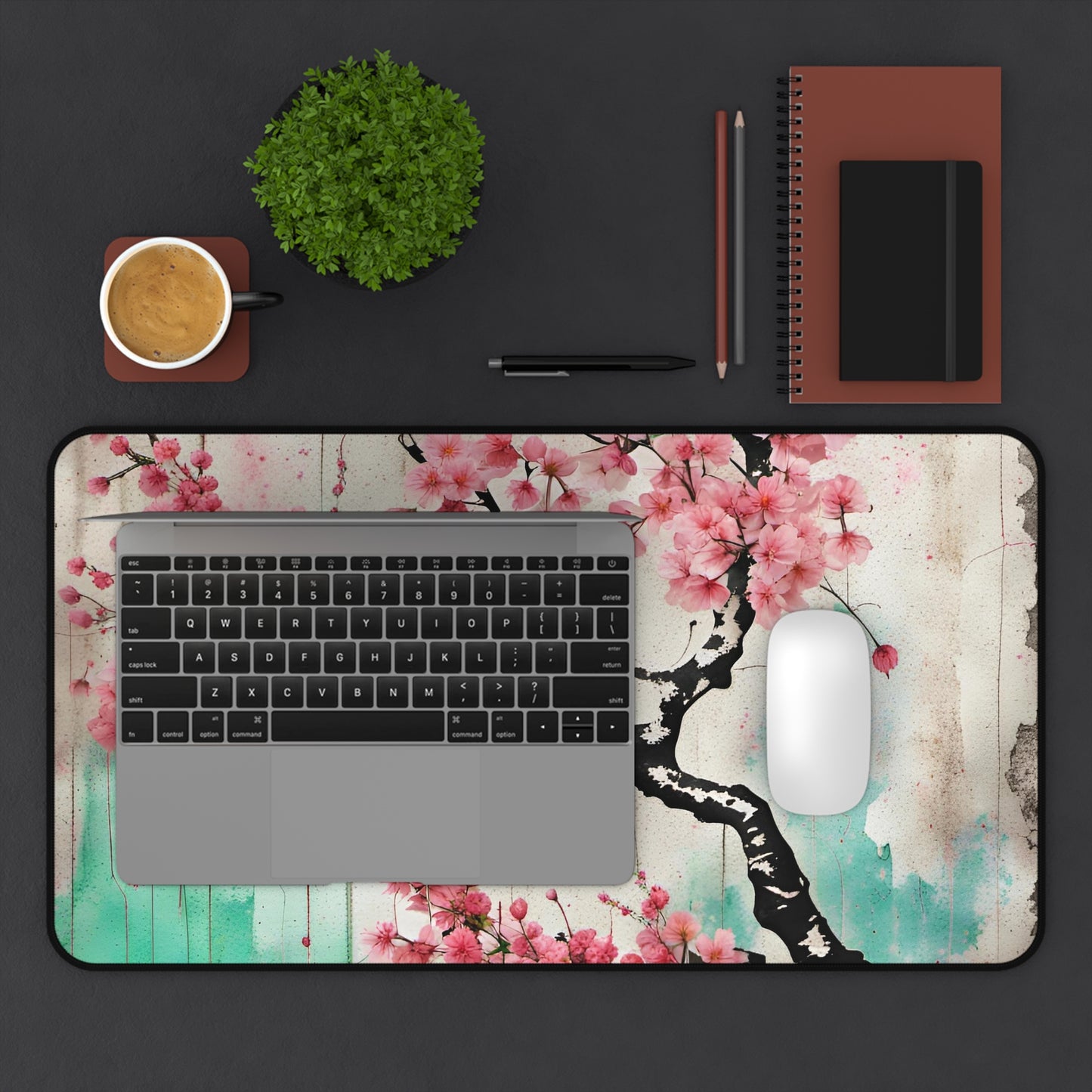 Cherry Blossoms Street Art Style Printed on Desk Mat 12x22 with computer
