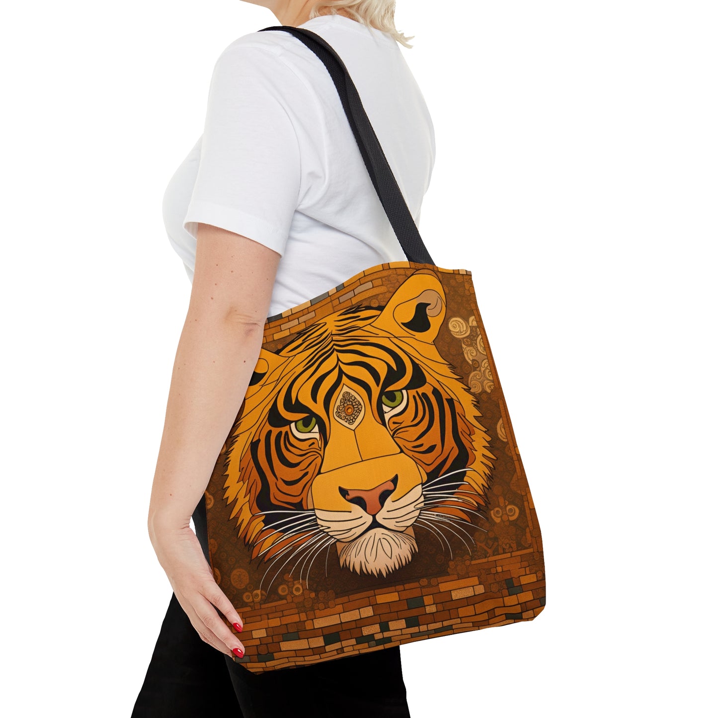 Tiger Head in the Style of Gustav Klimt Printed on Tote Bag medium with female model