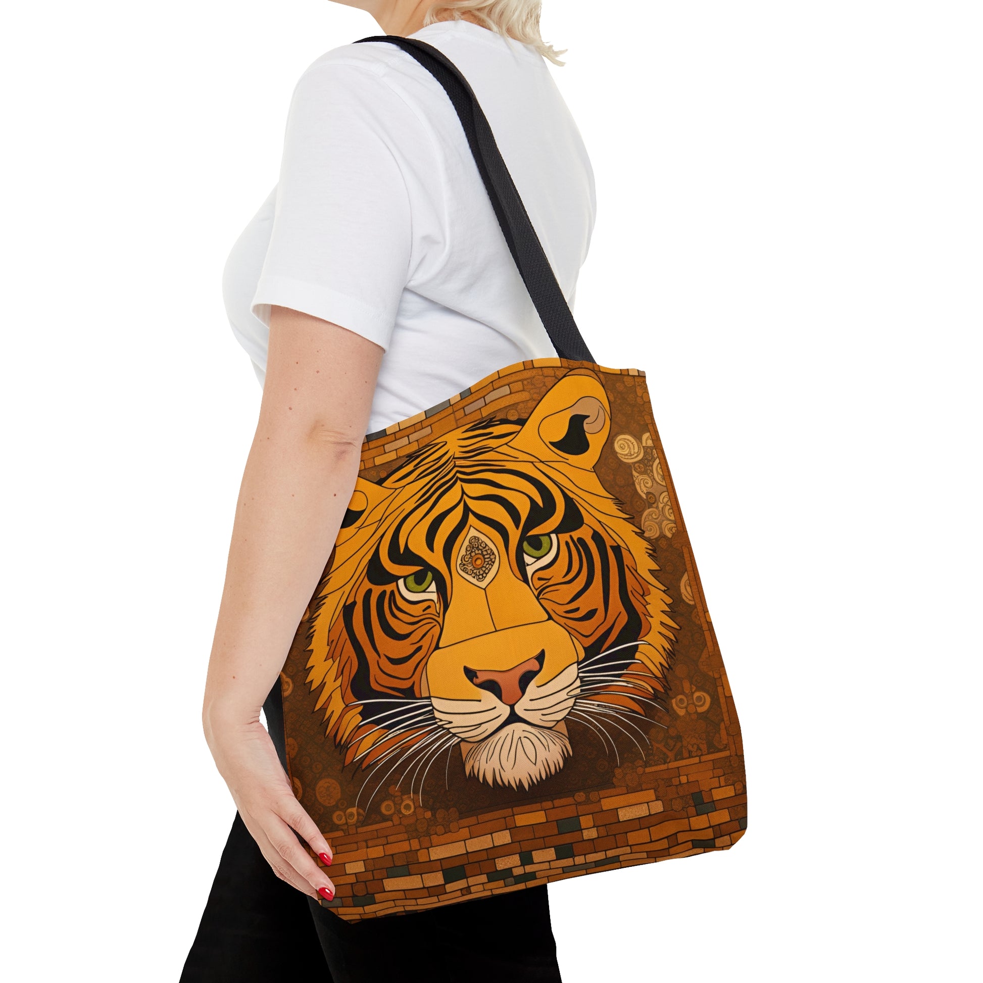 Tiger Head in the Style of Gustav Klimt Printed on Tote Bag medium with female model