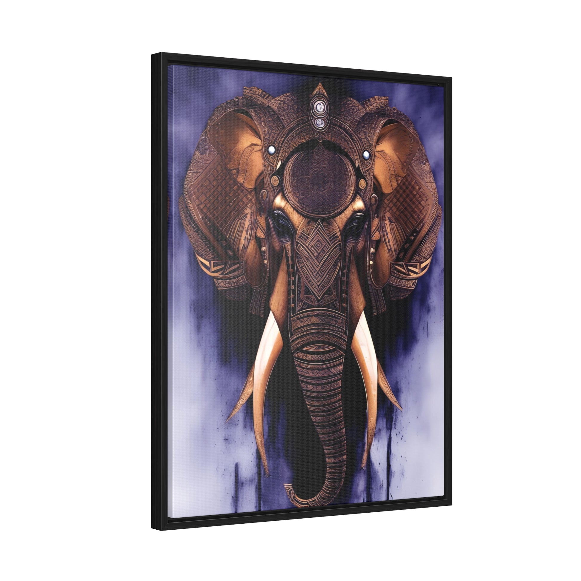 Elephant Themed Modern Wall Art - Tribal Elephant Head on Purple Background Print on Canvas in a Floating Frame side view