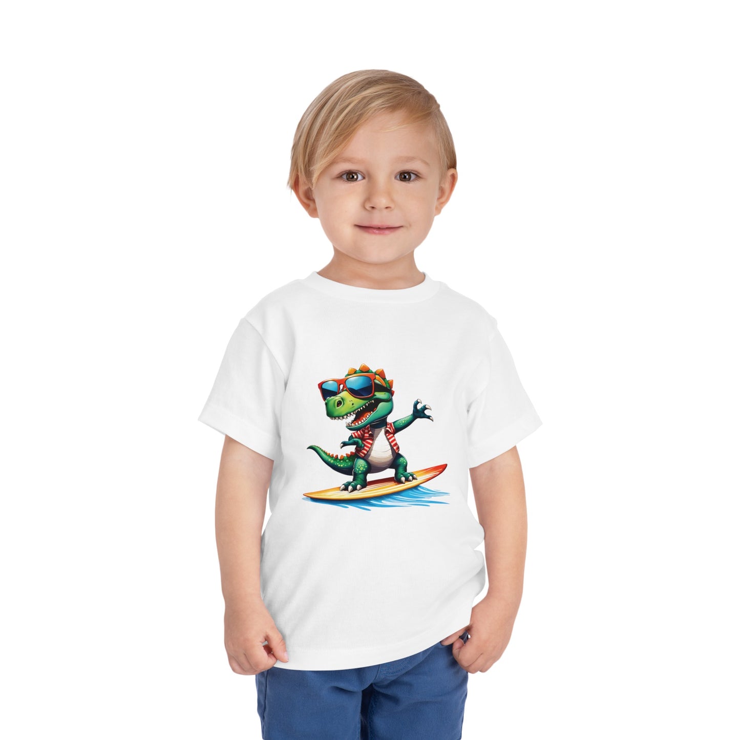 Toni the Dino Wave Catcher Toddler Short Sleeve Tee White on Boy