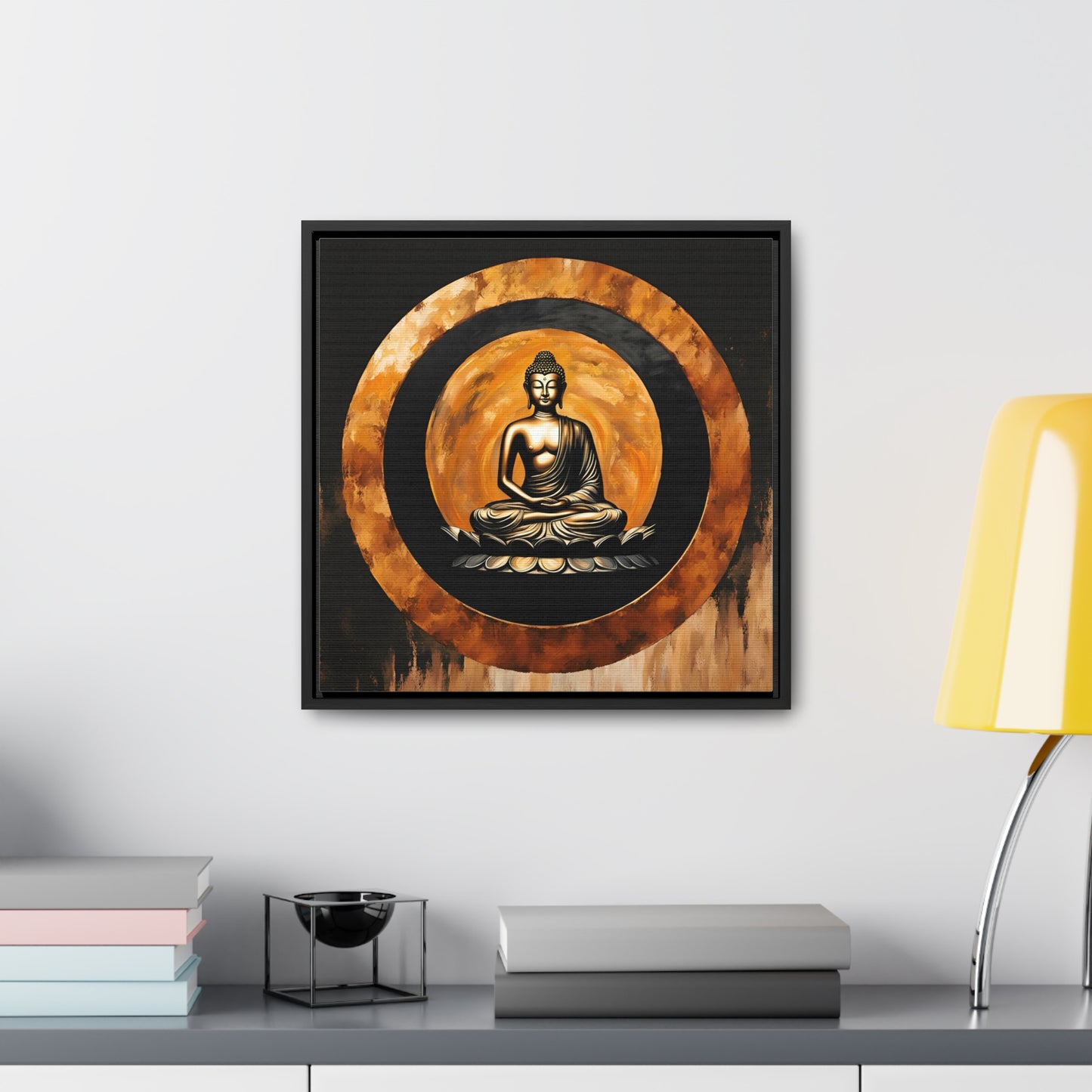 Golden Sitting Buddha in a Gold Enso Circle Print on Canvas 20x20