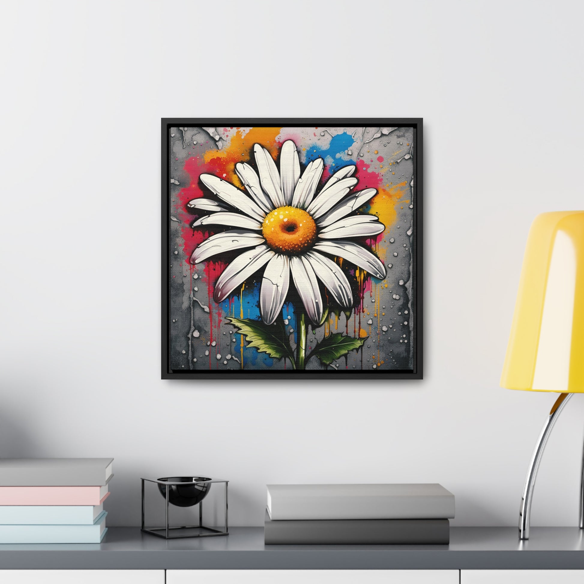 Floral themed Wall Art Print - Street Art Style Graffiti Daisy Printed on Canvas in a Floating Frame 16x16
