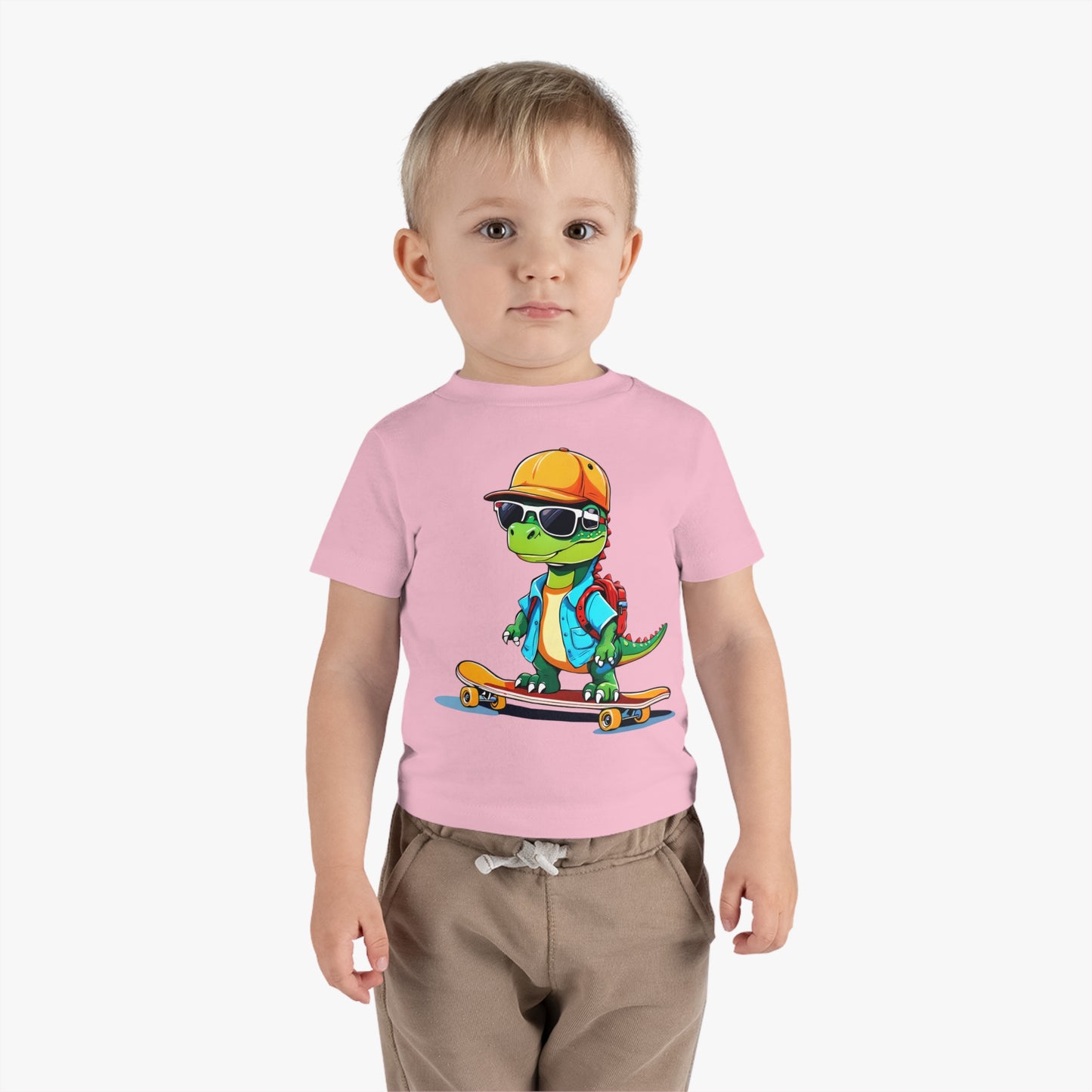 Dino Boy on Skate Board, Too Cool For School Infant Cotton Jersey Tee Pink on Boy