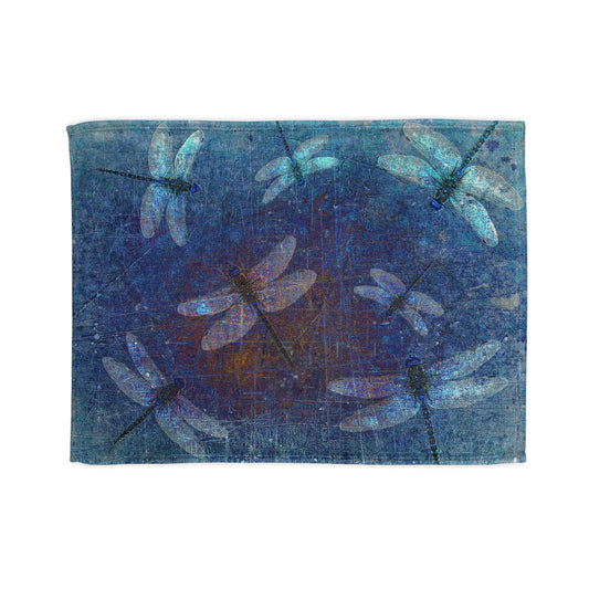 Super soft Dragonfly Minky Blanket: Flight of Dragonflies on Distressed Blue Background