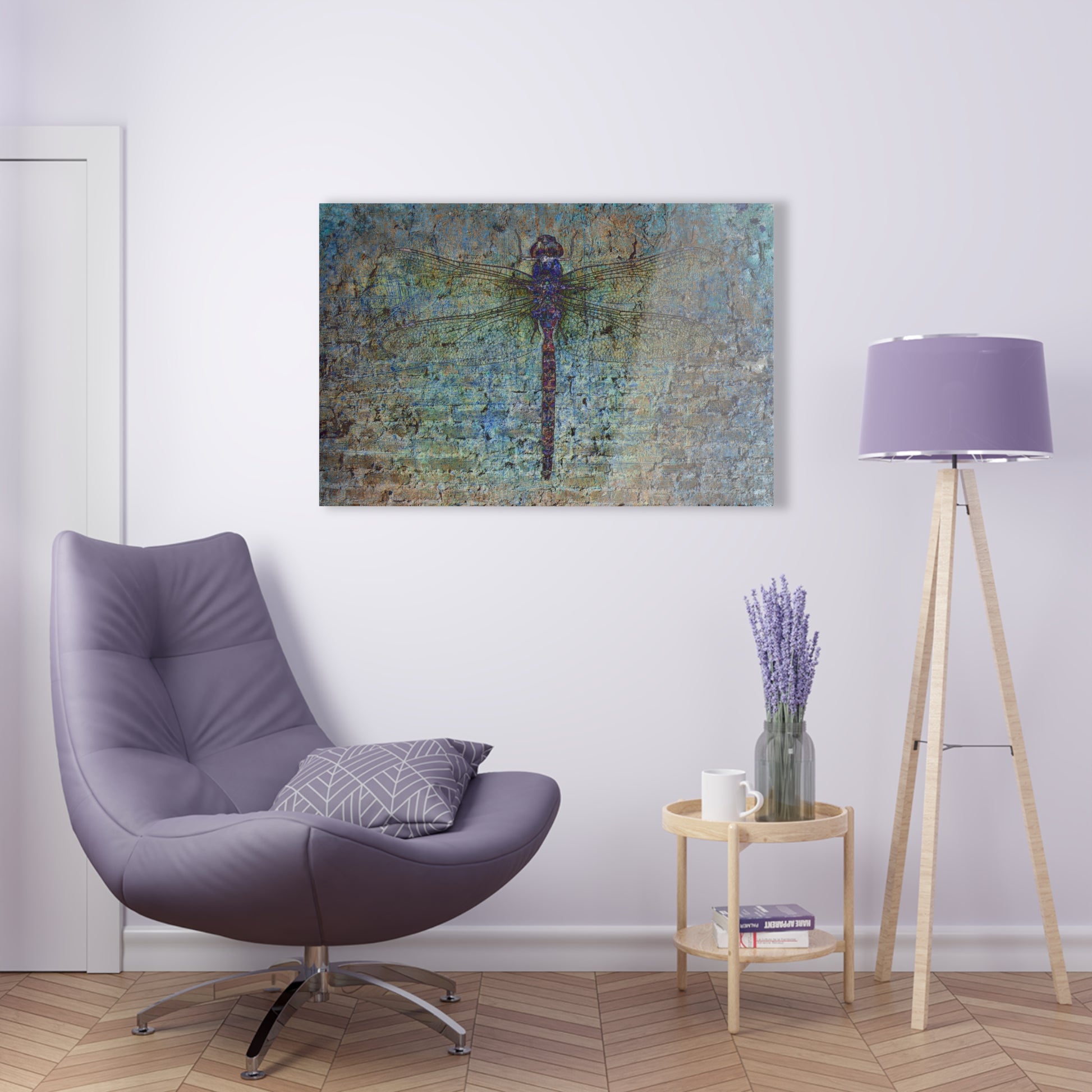 Dragonfly on Distressed Multicolor Brick Wall Printed on a Crystal Clear Acrylic Panel 36x24 hung in white wall