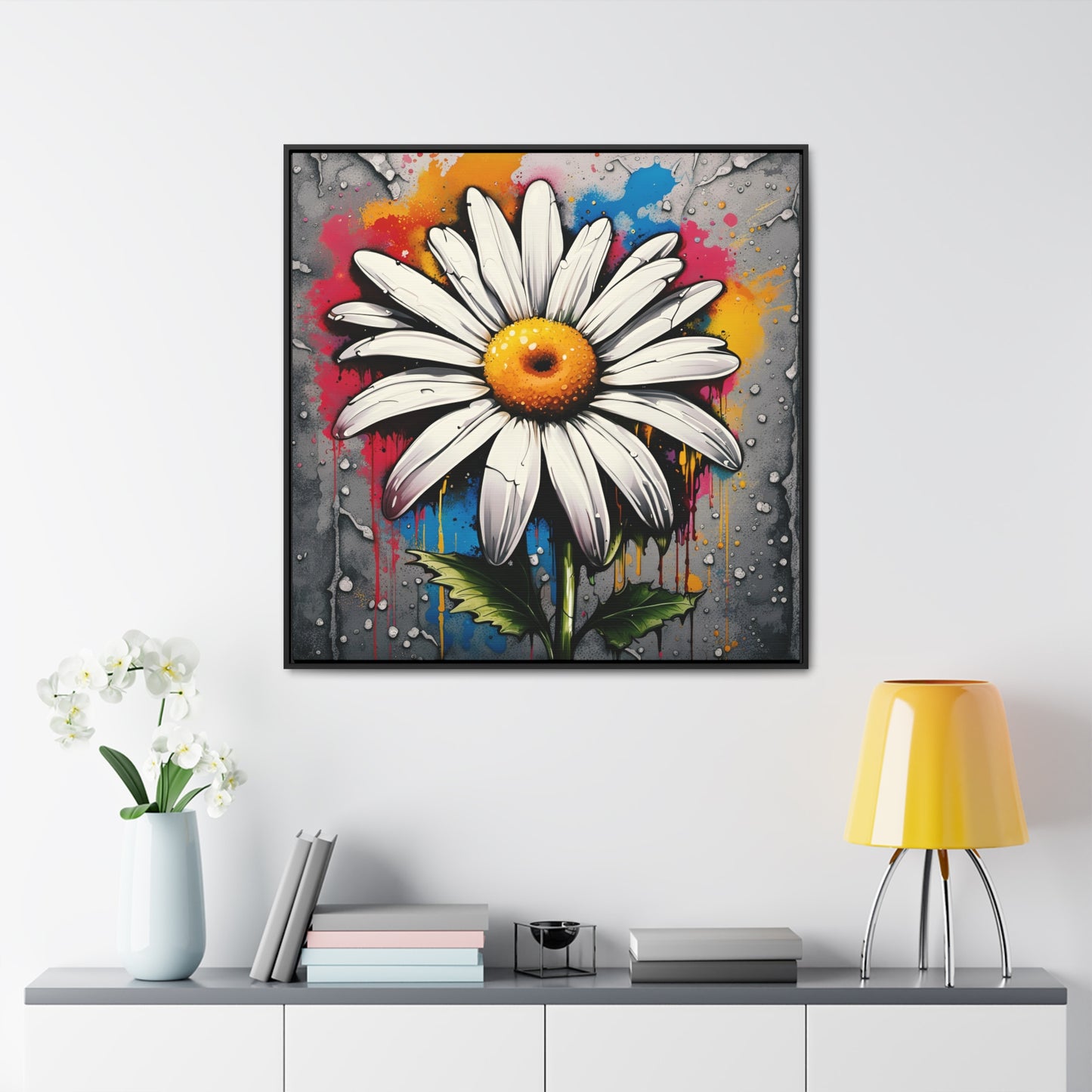 Floral themed Wall Art Print - Street Art Style Graffiti Daisy Printed on Canvas in a Floating Frame 36x36
