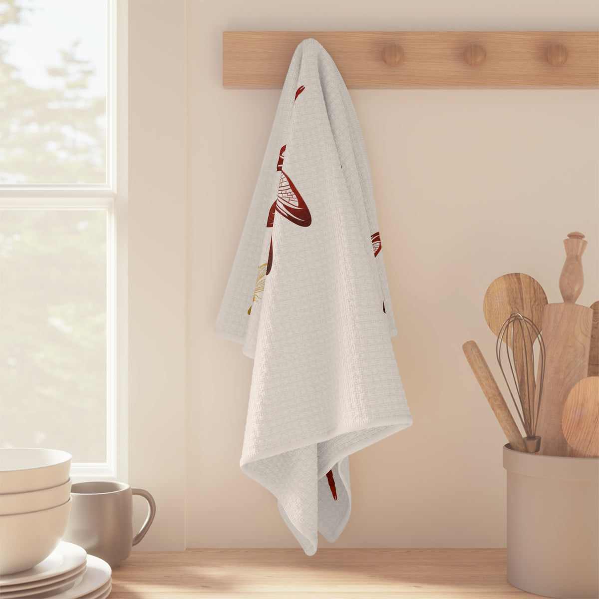 Flight of Red and Gold Dragonflies on White Microfiber Tea Towel
