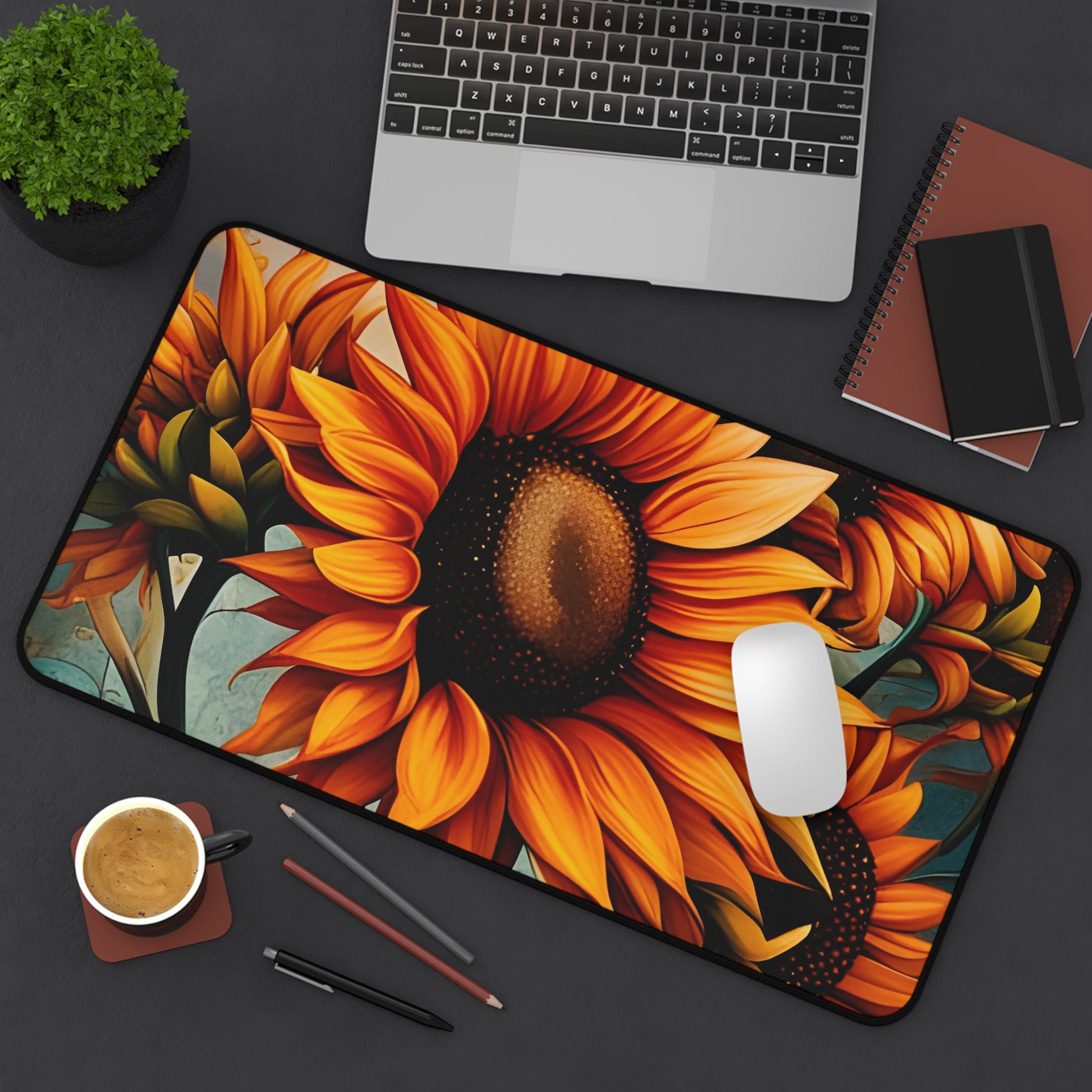 Sunflower Crop on Distressed Blue and Copper Background Printed on Desk mat 12x22 on desk