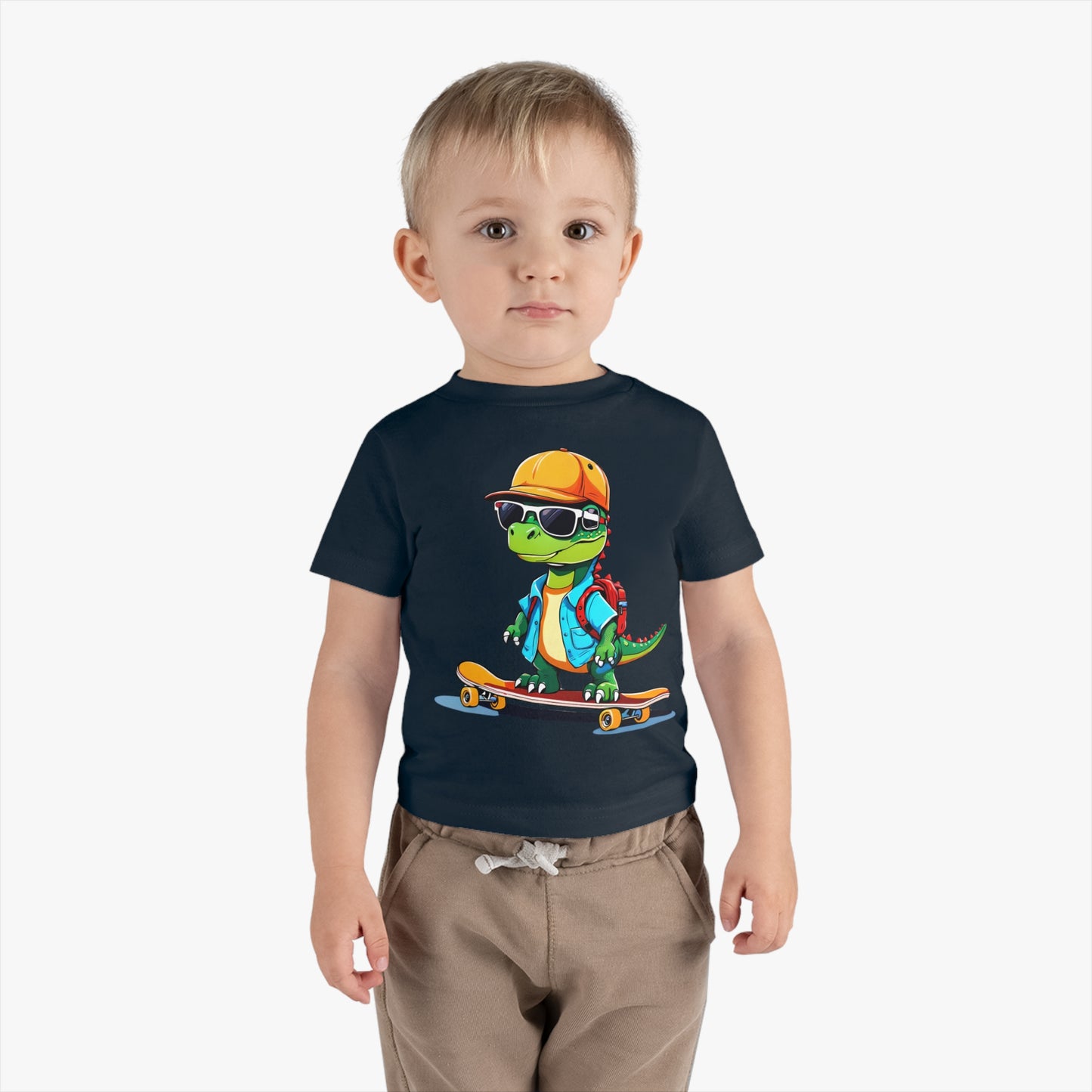 Dino Boy on Skate Board, Too Cool For School Infant Cotton Jersey Tee Navy Blue on Boy