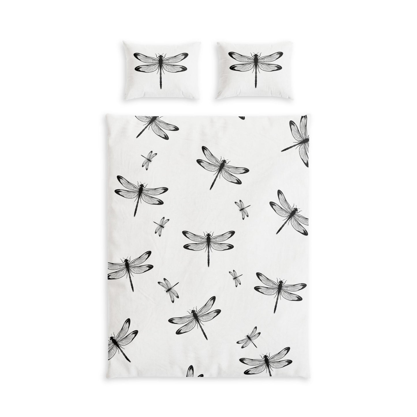 A bedding set featuring a duvet cover and two matching pillowcases, all printed with a black dragonfly pattern on a white background. Twin size