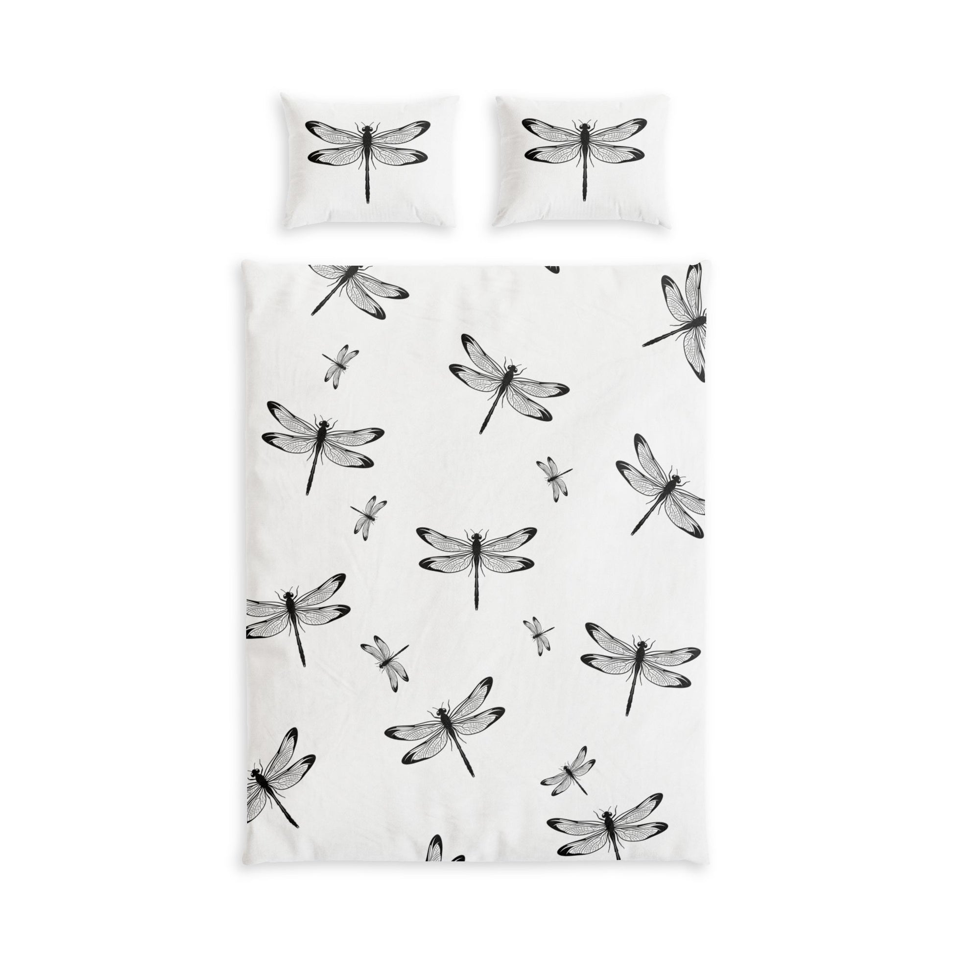 A bedding set featuring a duvet cover and two matching pillowcases, all printed with a black dragonfly pattern on a white background. Twin size
