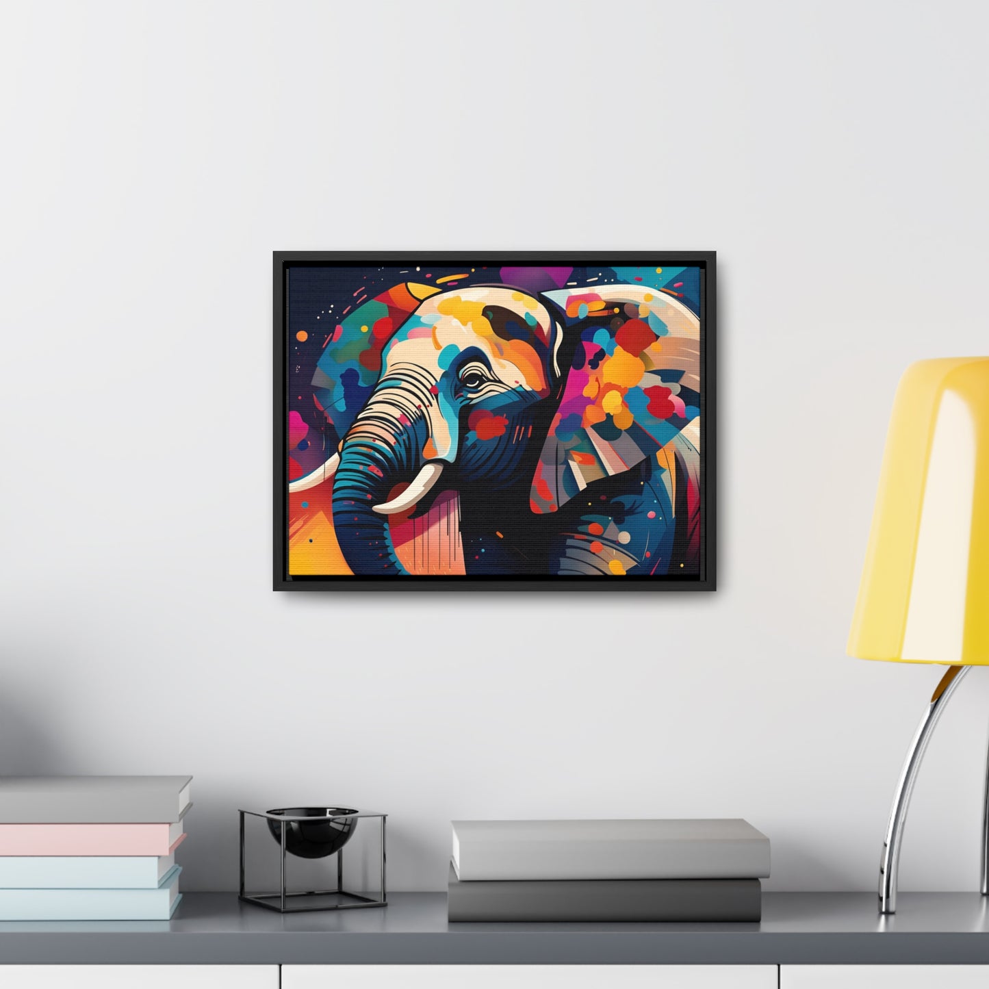 Multicolor Elephant Head Print on Canvas in a Floating Frame 16x12hung on light wall