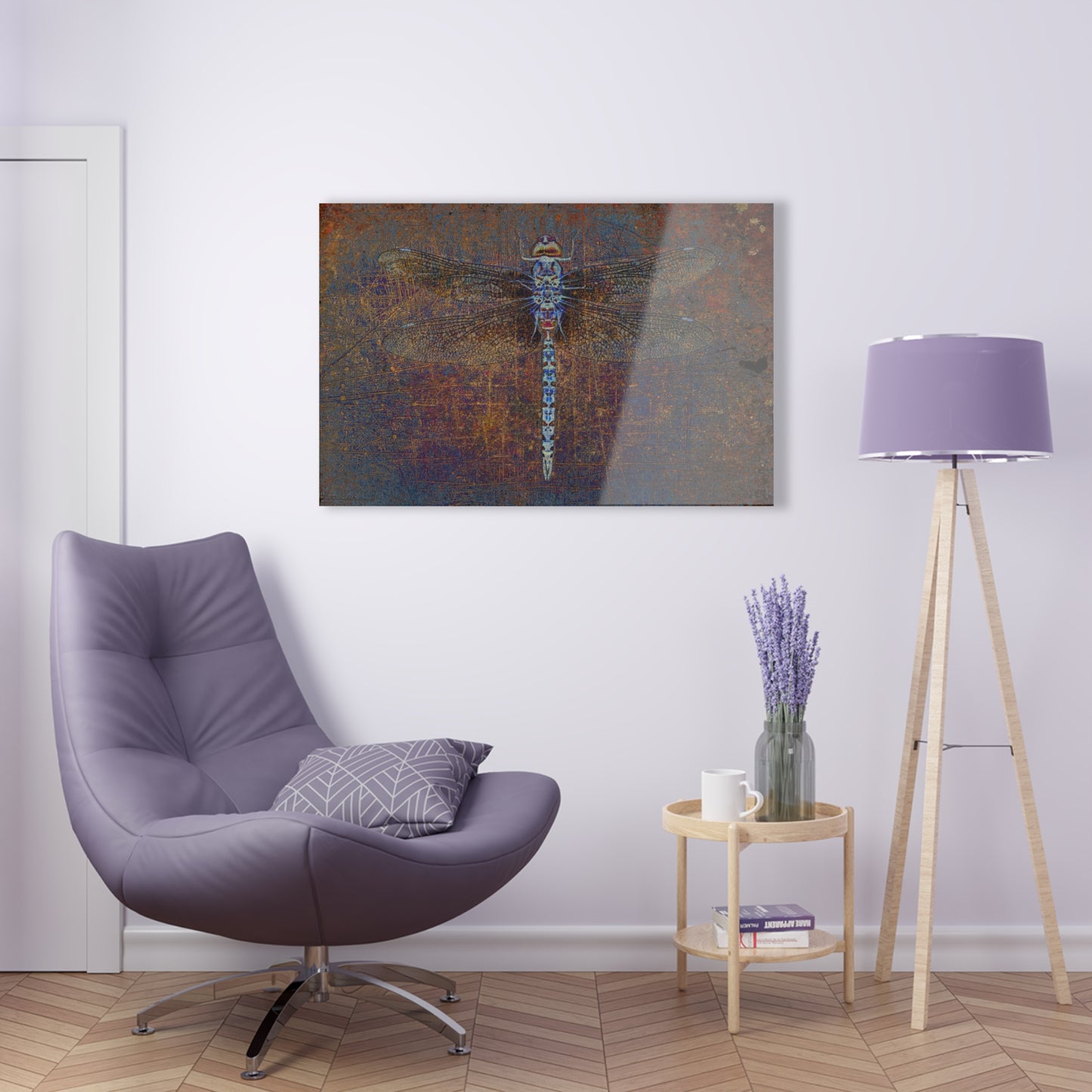 Dragonfly on Distressed Purple and Orange Background Print on a Crystal Clear Acrylic Panel 36x24 hung on white wall