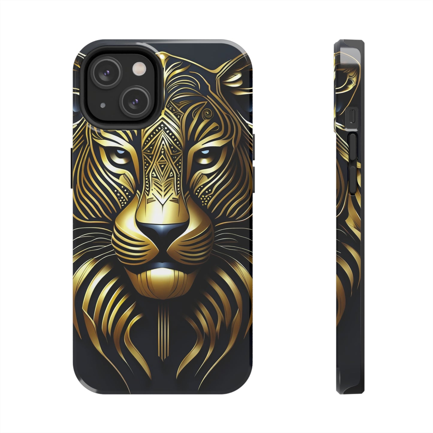 Tough Phone Case for iPhone 14 - Blue and Gold Tribal Tiger Head Art Deco Style Printed on Phone Case for iPhone 14